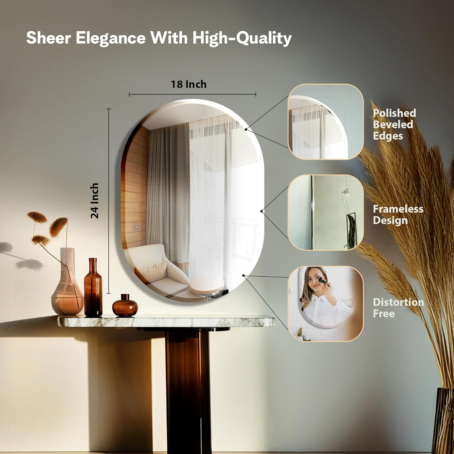 The Castle Decor Capsule Glass Mirror for Bathroom Wall, Frameless 5mm Silver Glass Mirror with Beveled Edges, 18x24 Inch