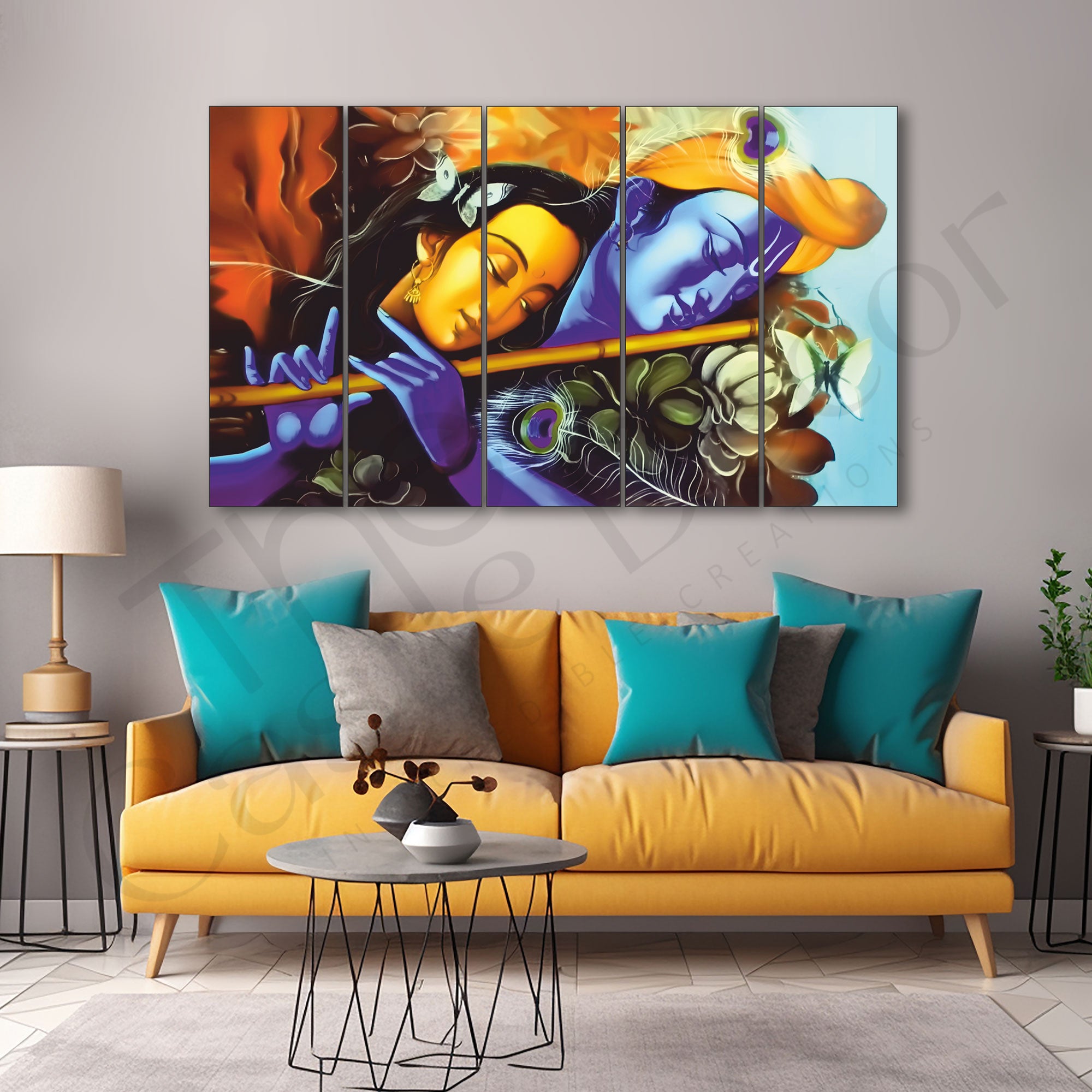 Radha krishan Set of 5 Big Size Multiple Frames Wall Art Painting for living room,Bedroom,Drawing room,Hotels-Wooden Framed-Digital Painting
