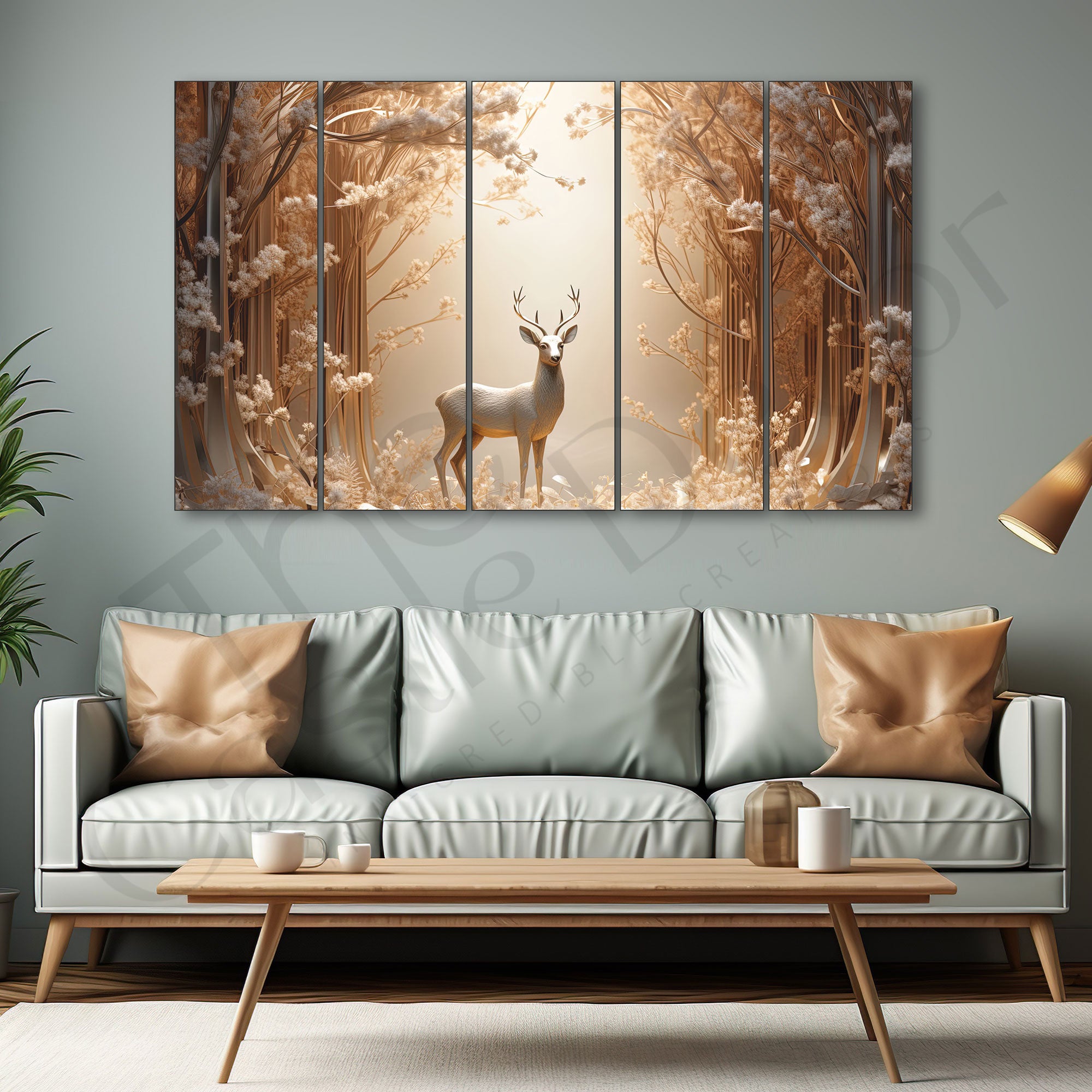 White Golden Deer Painting Set of 5 for Home Decoration