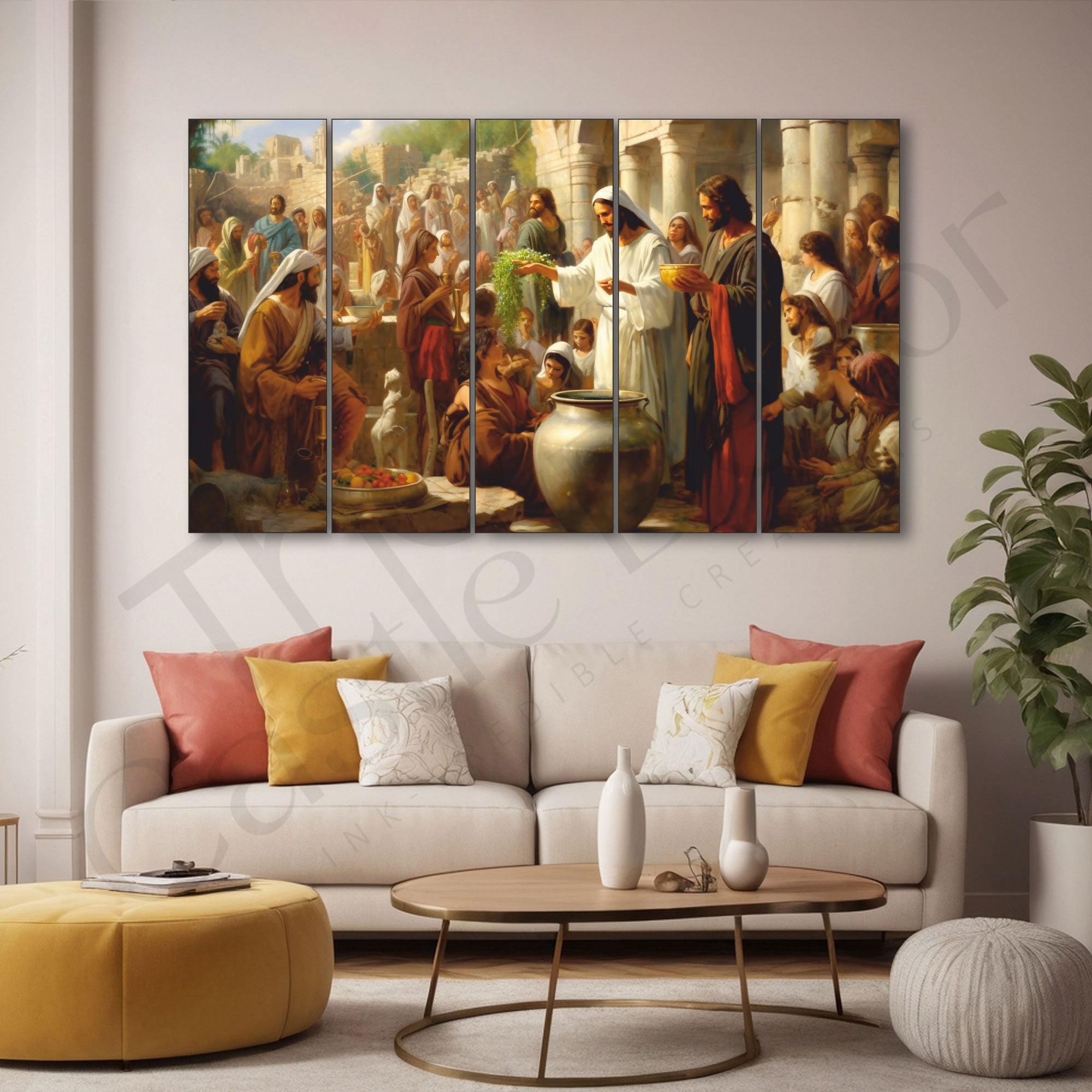 Jesus christ last supper Set of 5 Big Size Multiple Frames Wall Art Painting for living room,Bedroom,Drawing room,Hotels-Wooden Framed-Digital Painting