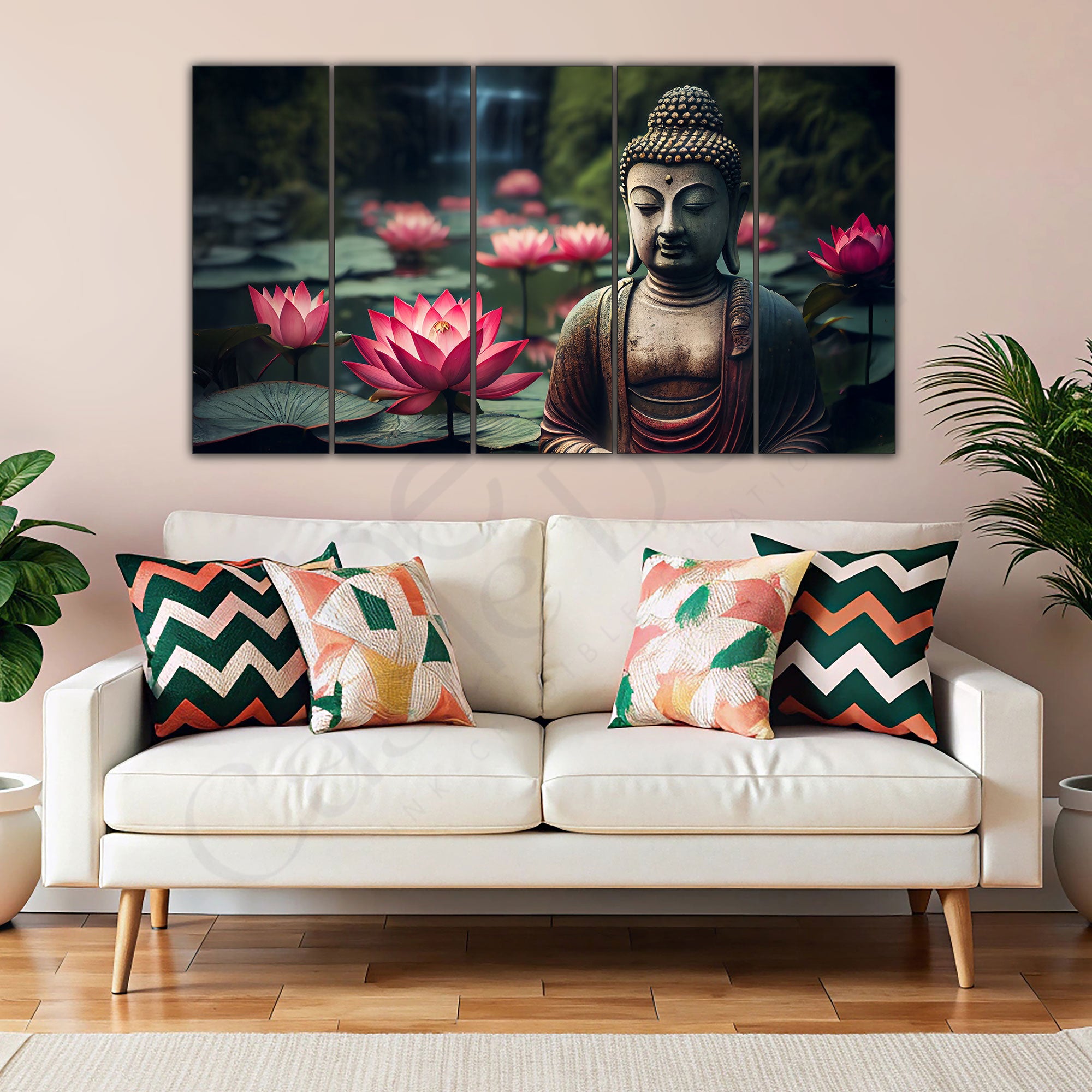 Lord Buddha with Lotus Set of 5 Big Size Multiple Frames Wall Art Painting for living room,Bedroom,Drawing room,Hotels-Wooden Framed-Digital Painting