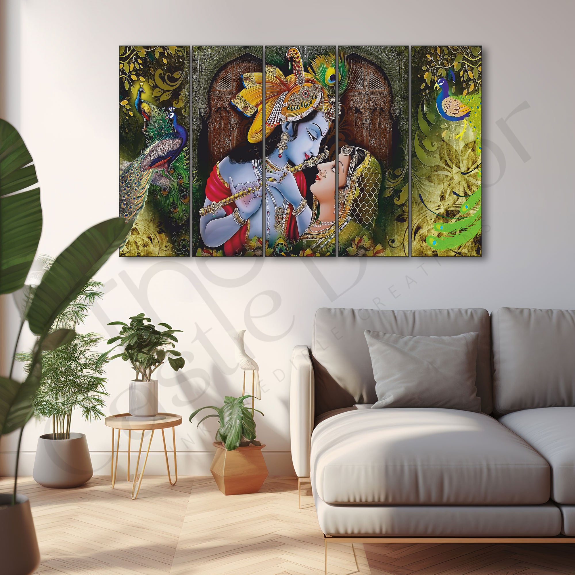 Radha krishan painting with frame Set of 5 Big Size Multiple Frames Wall Art Painting for living room,Bedroom,Drawing room,Hotels-Wooden Framed-Digital Painting