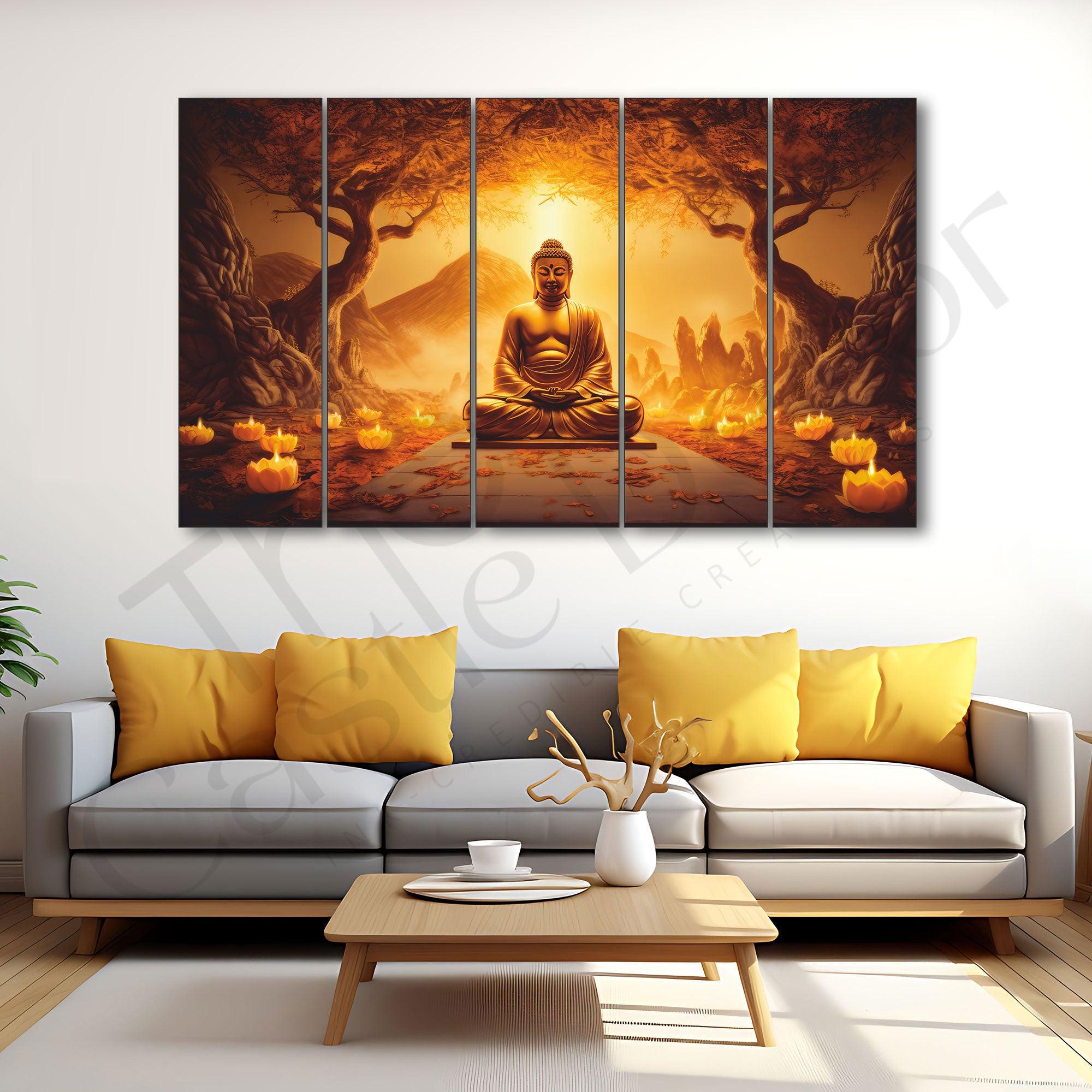 Lord Buddha in Trees Painting Set of 5 for Home Decoration