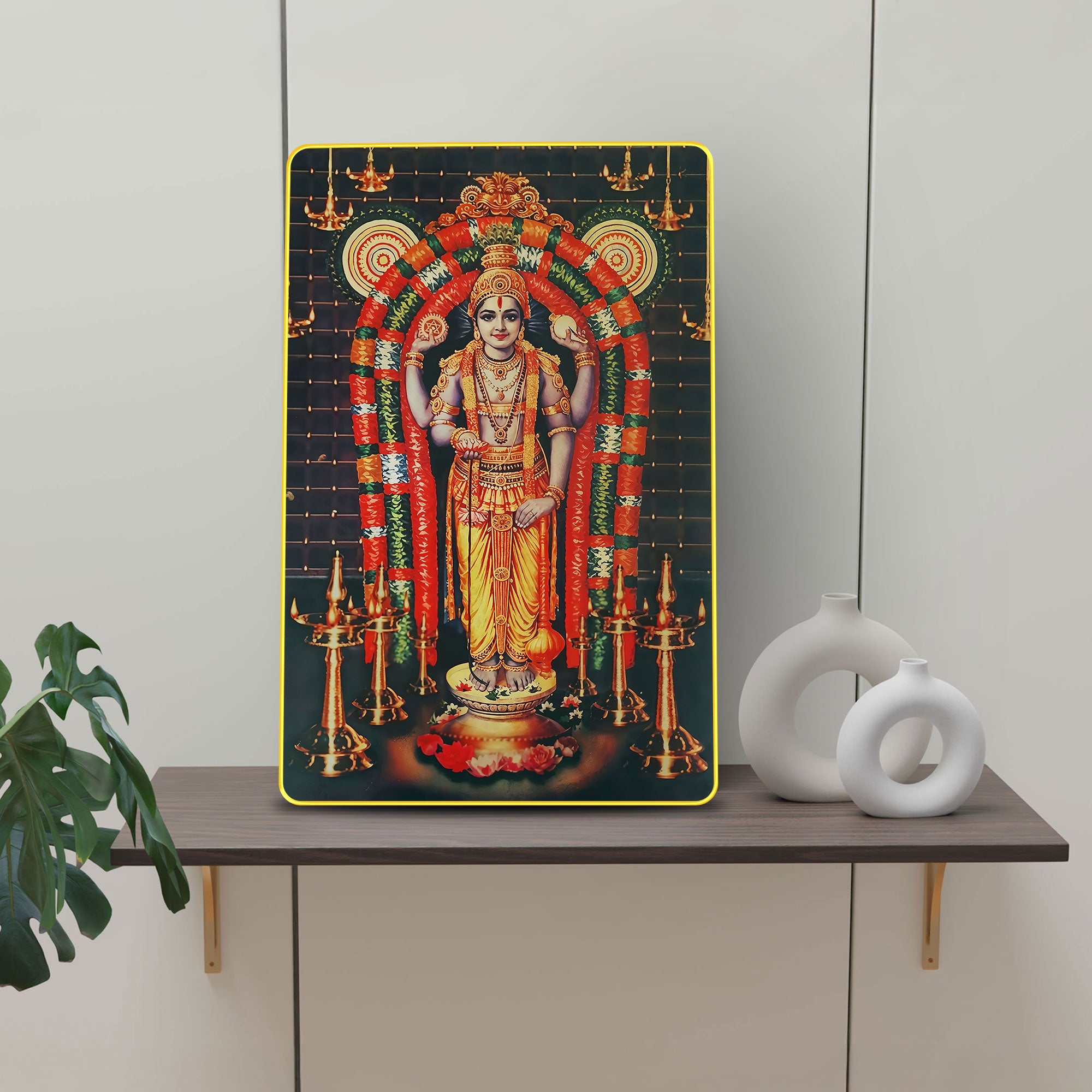 The Castle Decor Divine Shree Guruvayurappan Wall Art | Sparkle Laminated Digital Print in Golden Slim Frame | Spiritual Wall Décor for Pooja Room, Living Room, Bedroom & Office