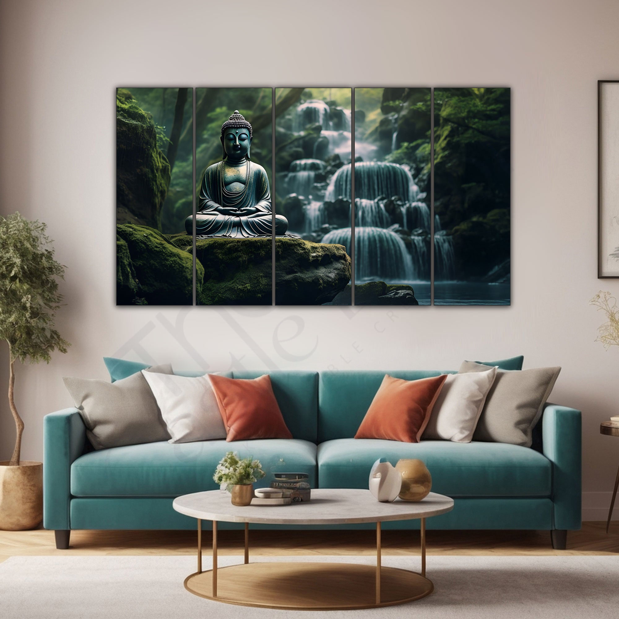 Lord Budha Meditating Waterfall Jungle Set of 5 Big Size Multiple Frames Wall Art Painting for living room,Bedroom,Drawing room,Hotels-Wooden Framed-Digital Painting 36x60"
