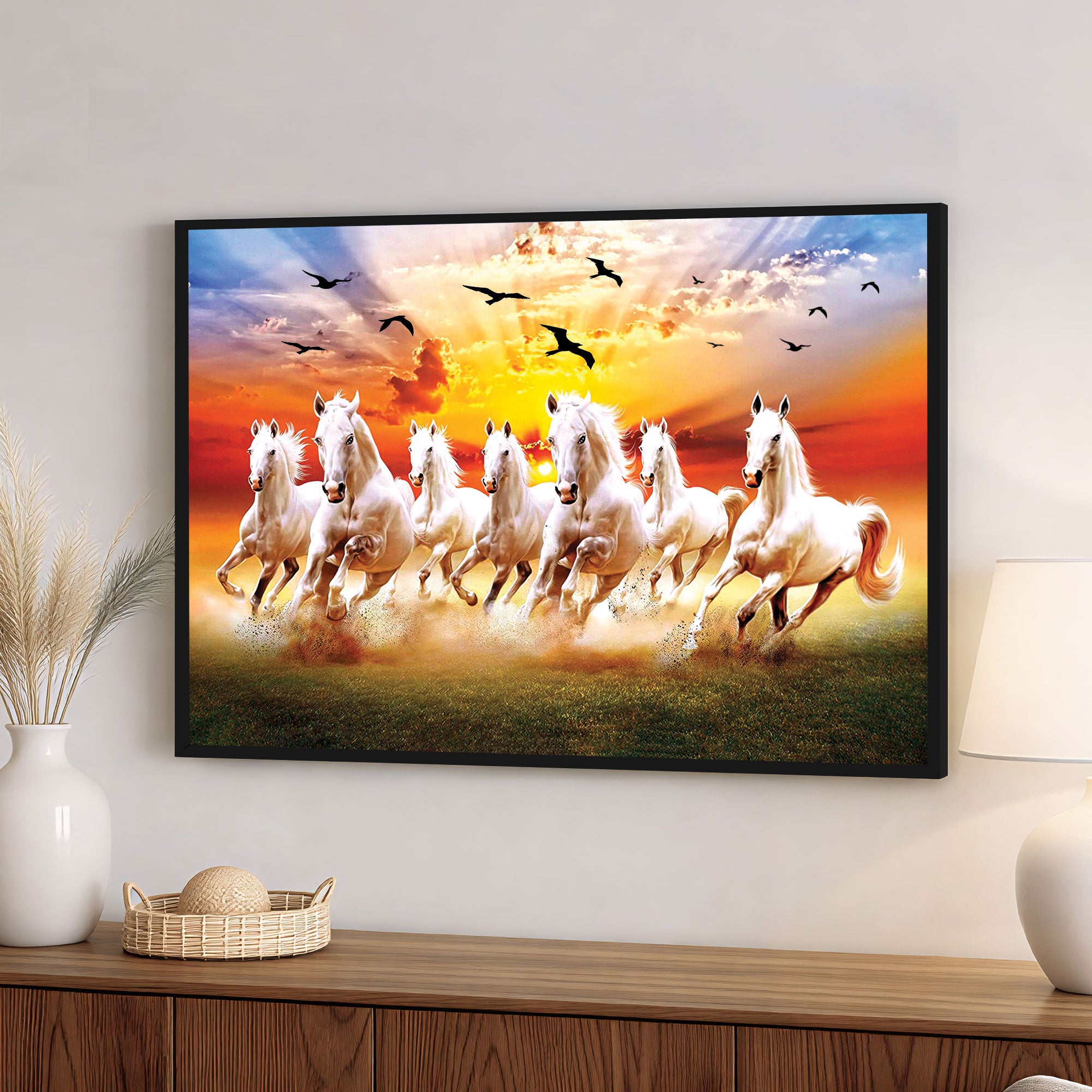 The Castle Decor 7 Running White Horses Wall Painting, Sunrise Sunset Theme, Vastu Wall Art for Living Room, Office, Bedroom Decor 20X30 inch -1003