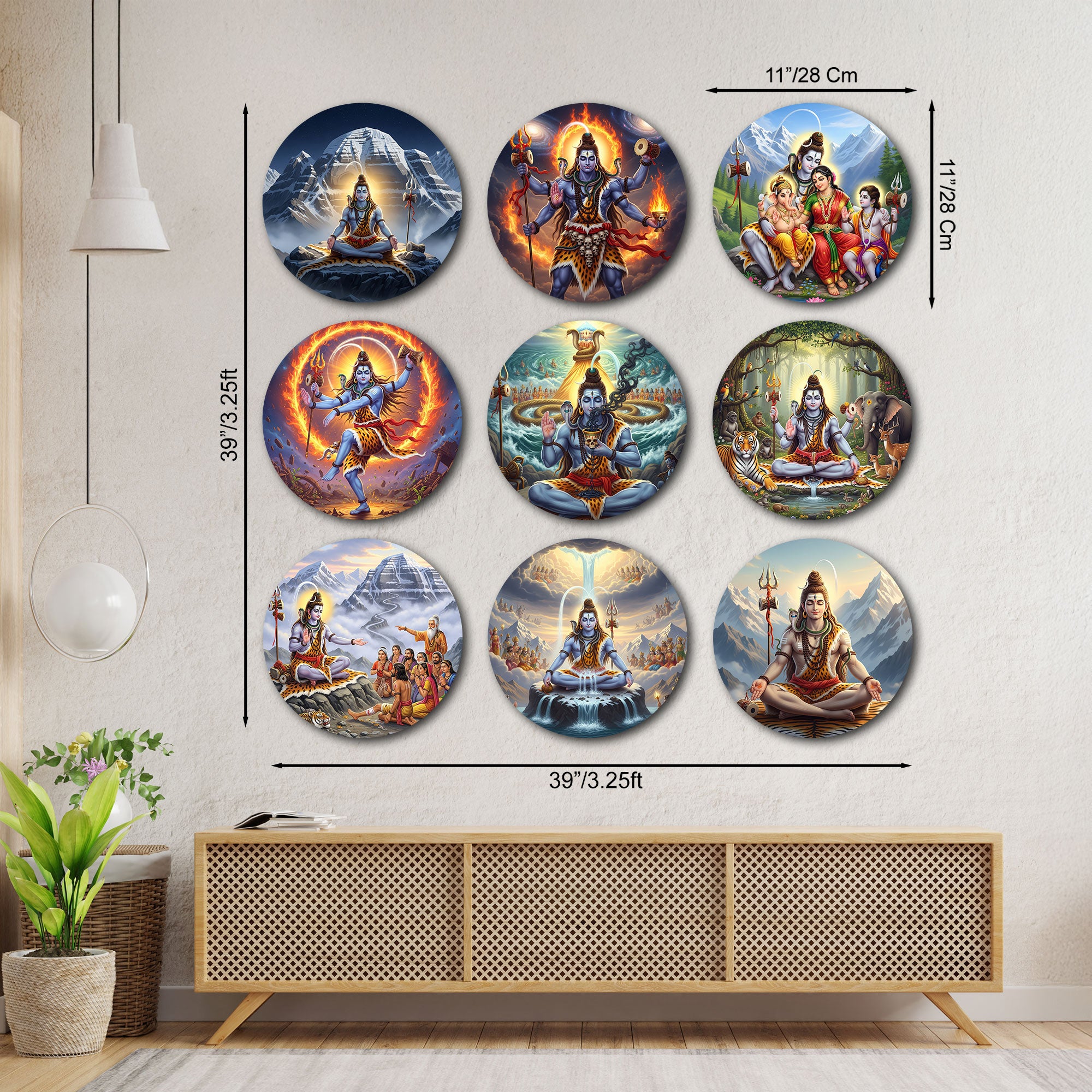 Lord Shiva Round Wall Art - Set of 9 Spiritual Decorative Panels for Home & Office