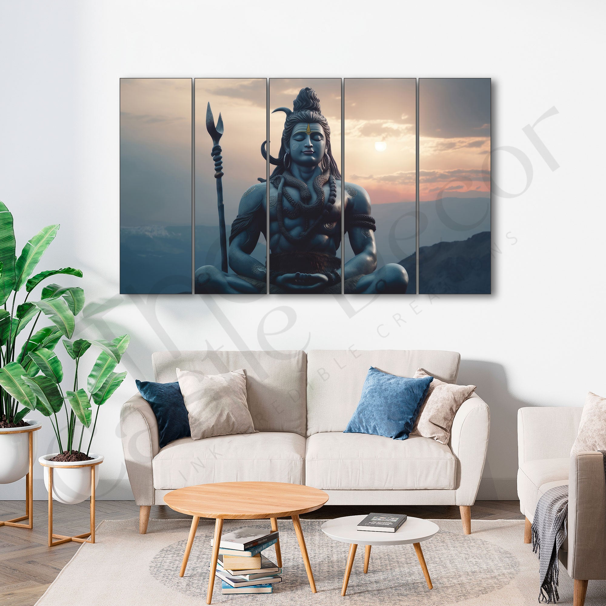 Lord Shiva Mahadev rising sun Set of 5 Big Size Multiple Frames Wall Art Painting for living room,Bedroom,Drawing room,Hotels-Wooden Framed-Digital Painting