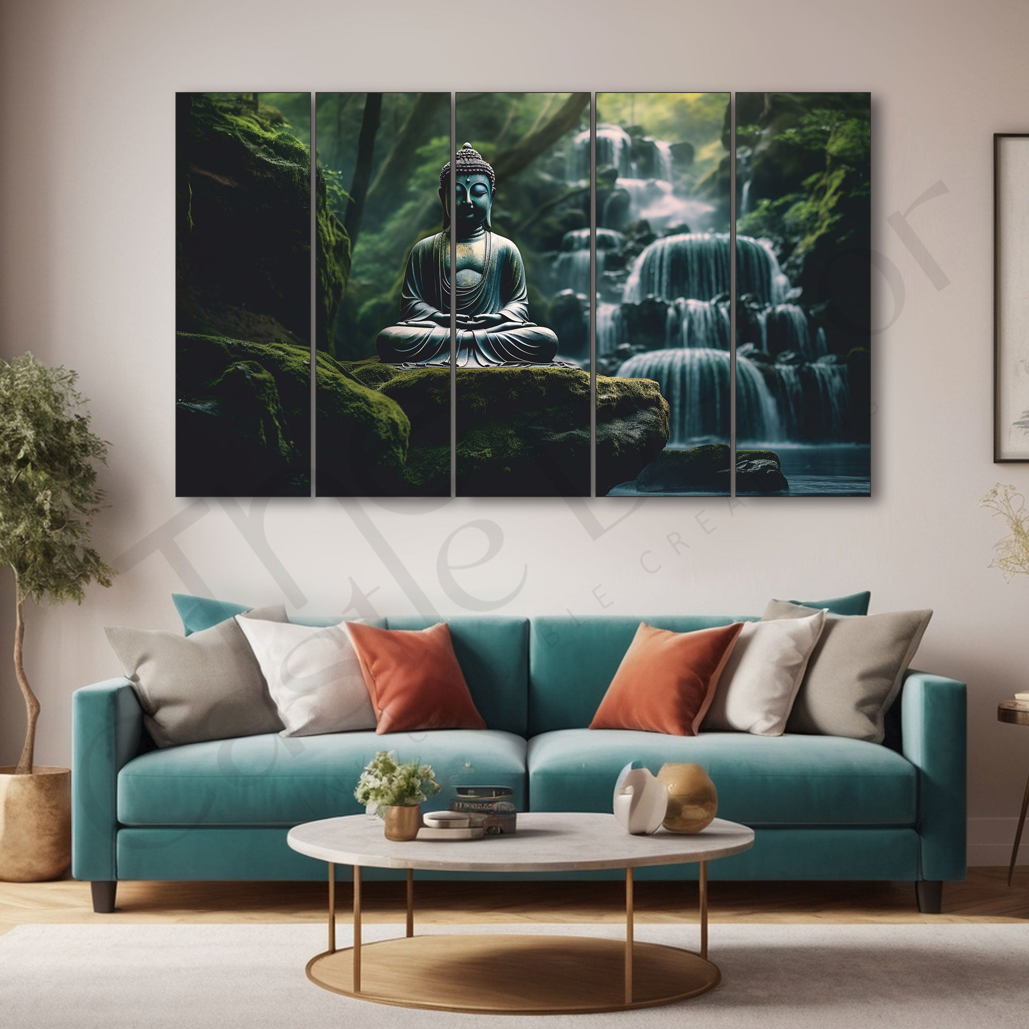 Lord Budha Meditating Waterfall Jungle Set of 5 Big Size Multiple Frames Wall Art Painting for living room,Bedroom,Drawing room,Hotels-Wooden Framed-Digital Painting