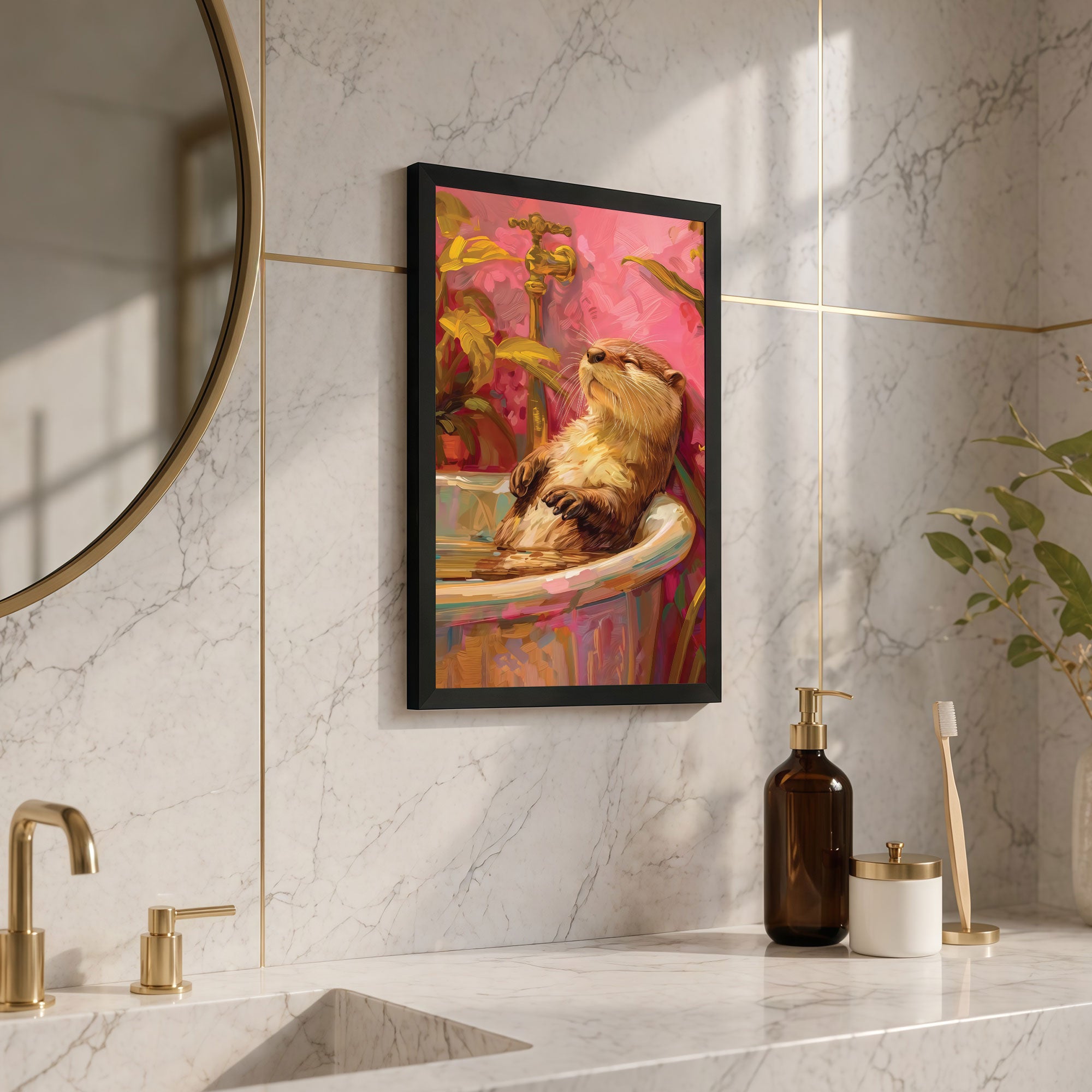 The Castle Decor Relaxing Otter Bathtub Wall Art | Luxury Animal Bathroom Decor | Funny Framed Bathroom Painting | Modern Washroom Artwork