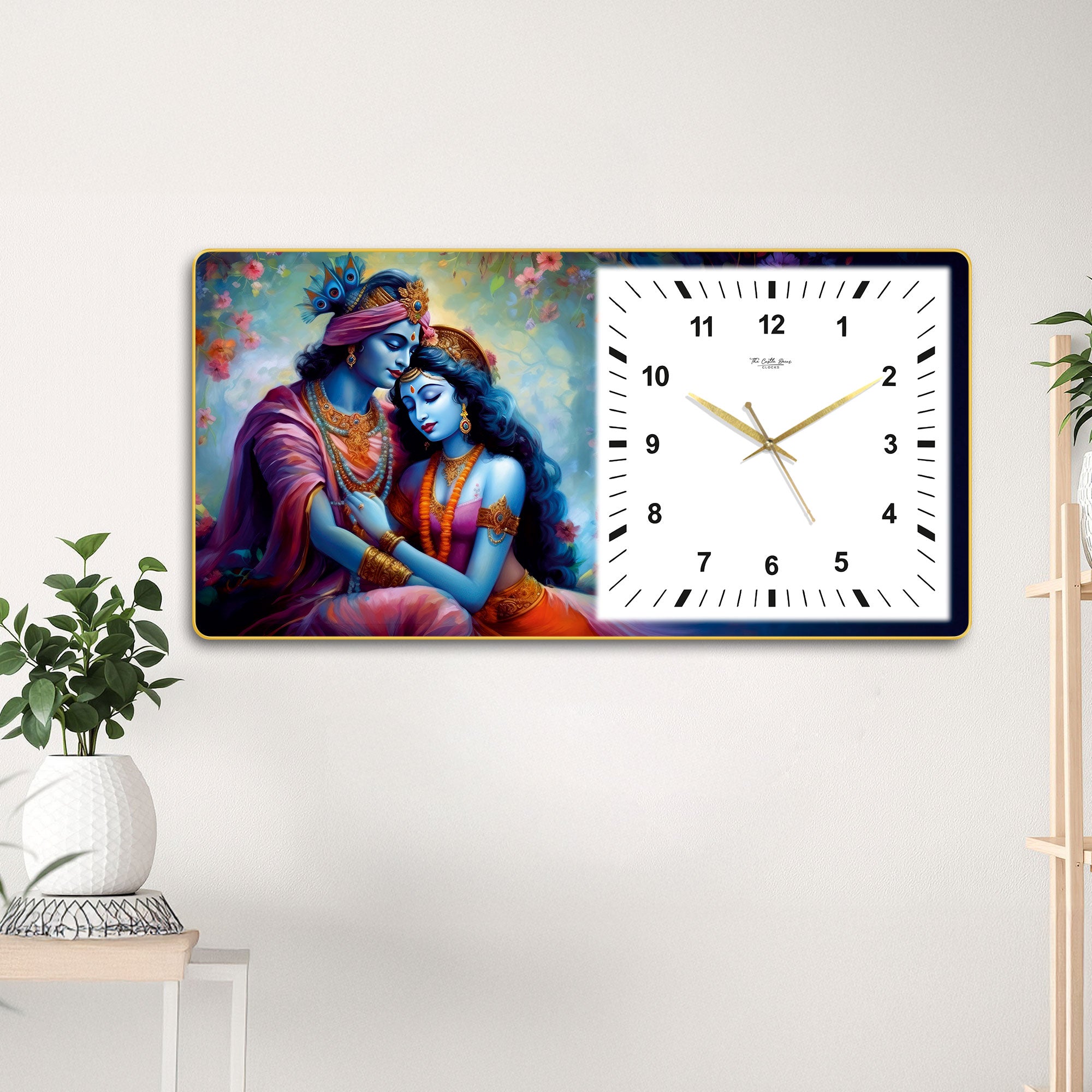 The Castle Decor Radha Krishna Decorative Wall Clock 24x12 Inch, Silent Sweep Non-Ticking Modern Wall Clock with Golden Slim Frame