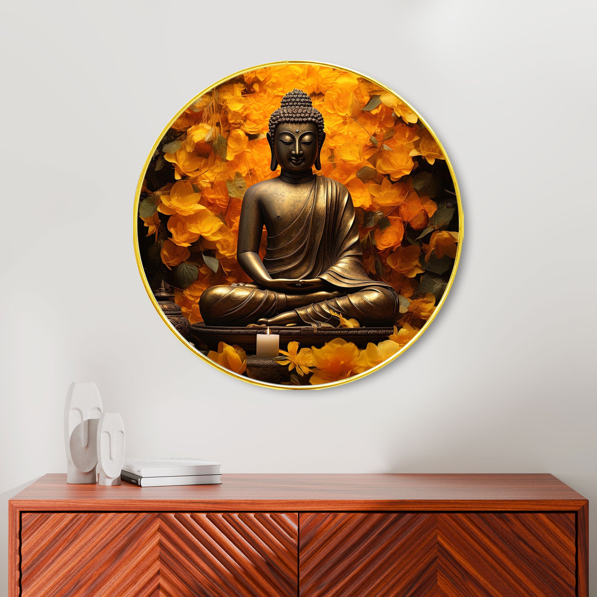 The Castle Decor Buddha Meditation Round Wall Art | Slim Golden Frame Wall Hanging for Home, Living Room, Office, Hotel & Gift Decoration