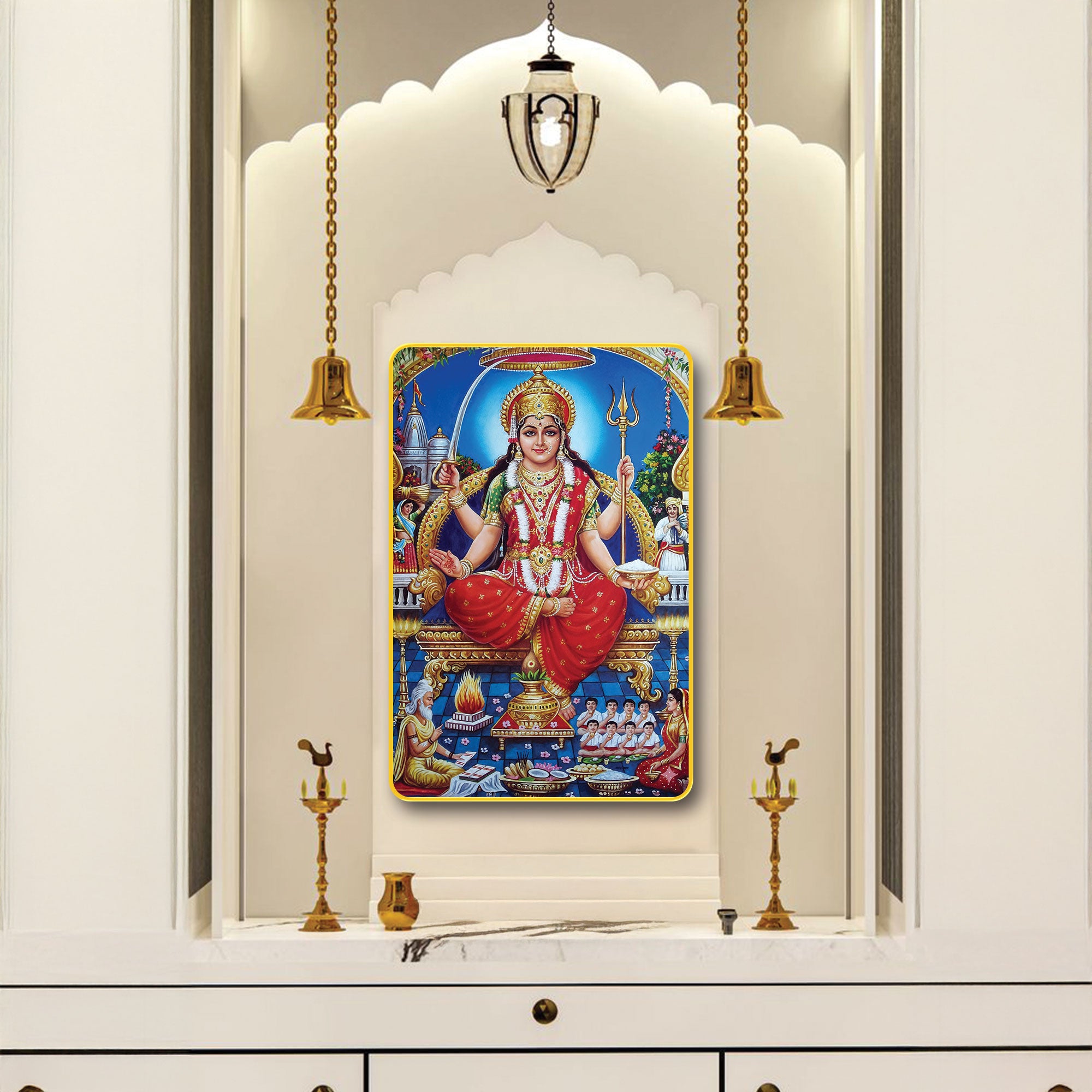The Castle Decor Maa Santoshi Wall Frame | Sparkle Laminated on Digital Print with Golden Slim Frame | Sacred Wall Art for Pooja Room, Temple & Home Décor 20X30