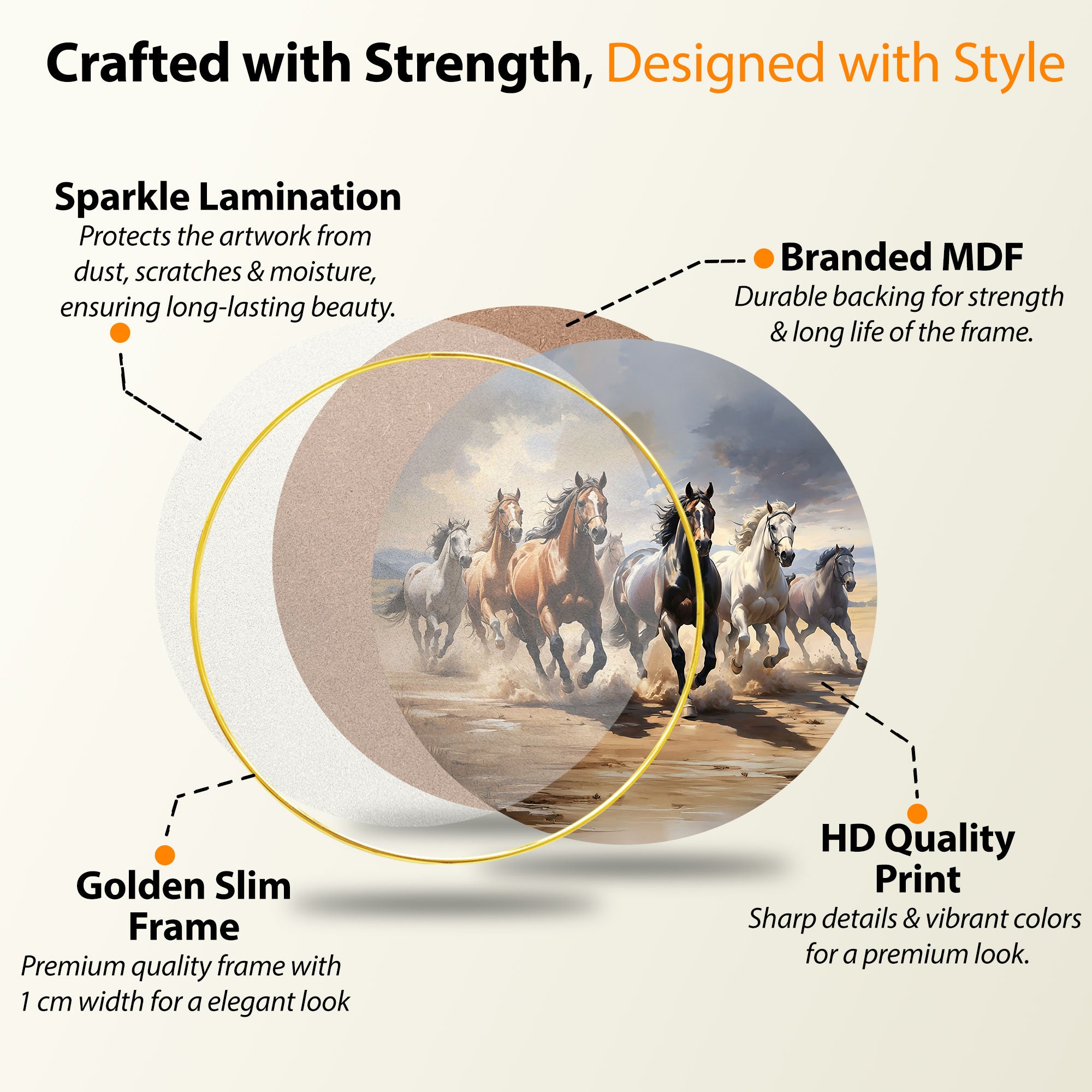 The Castle Decor Vastu 7 Running Horses Wall Décor Round | Golden Slim Frame Artwork for Home, Hotel, Living Room, Bedroom & Gift