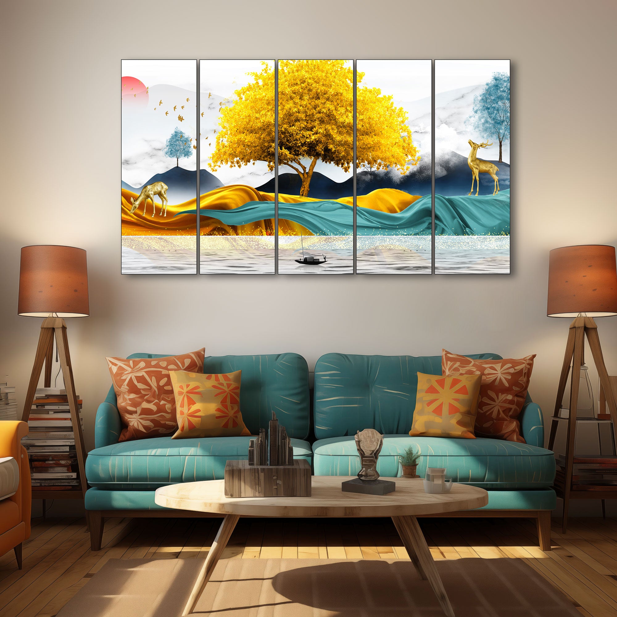 Golden Deer Painting with frame Big Size Wall Art for living room,Bedroom,Drawing room,Hotels
