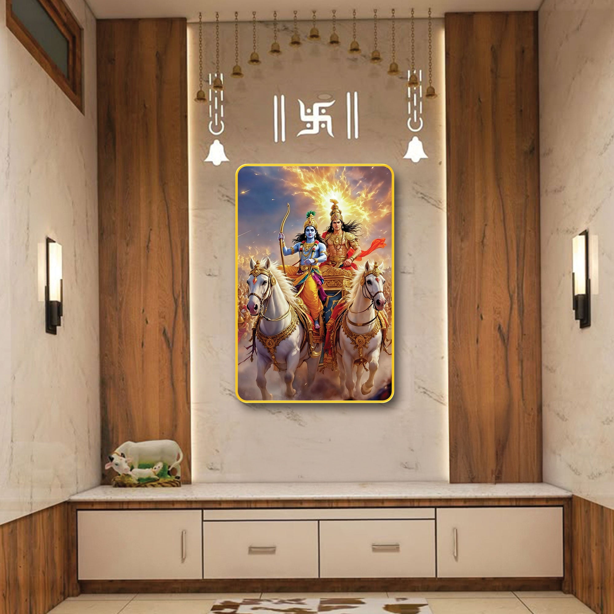 The Castle Decor Krishna Arjun Digital Wall Art | Sparkle Laminated Golden Slim Frame | Bhagavad Gita Inspired Spiritual Home Decor & Gift 20x30 Inches