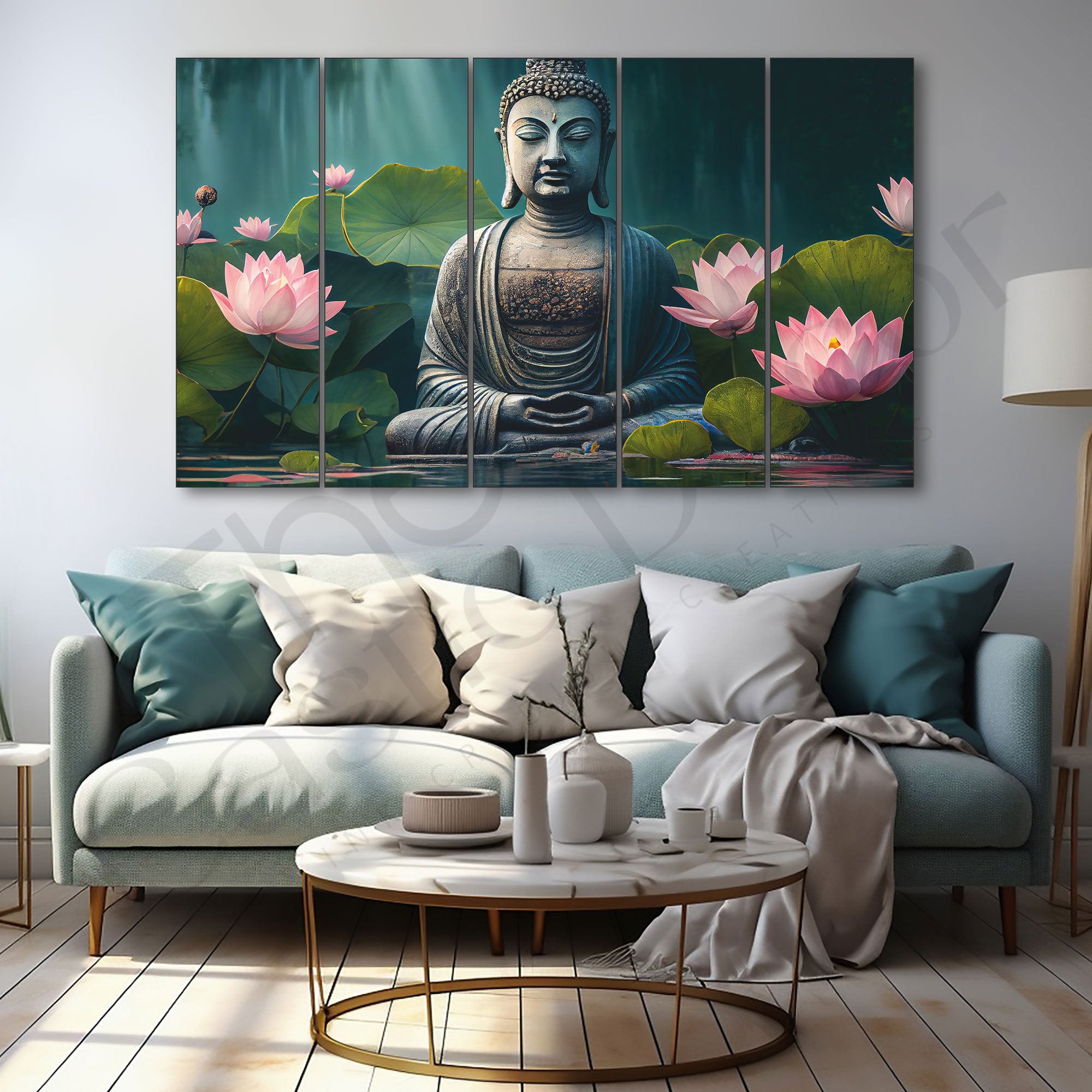 Lotus Buddha Zen Decorative Wellness Set of 5 Big Size Multiple Frames Wall Art Painting for living room,Bedroom,Drawing room,Hotels-Wooden Framed-Digital Painting