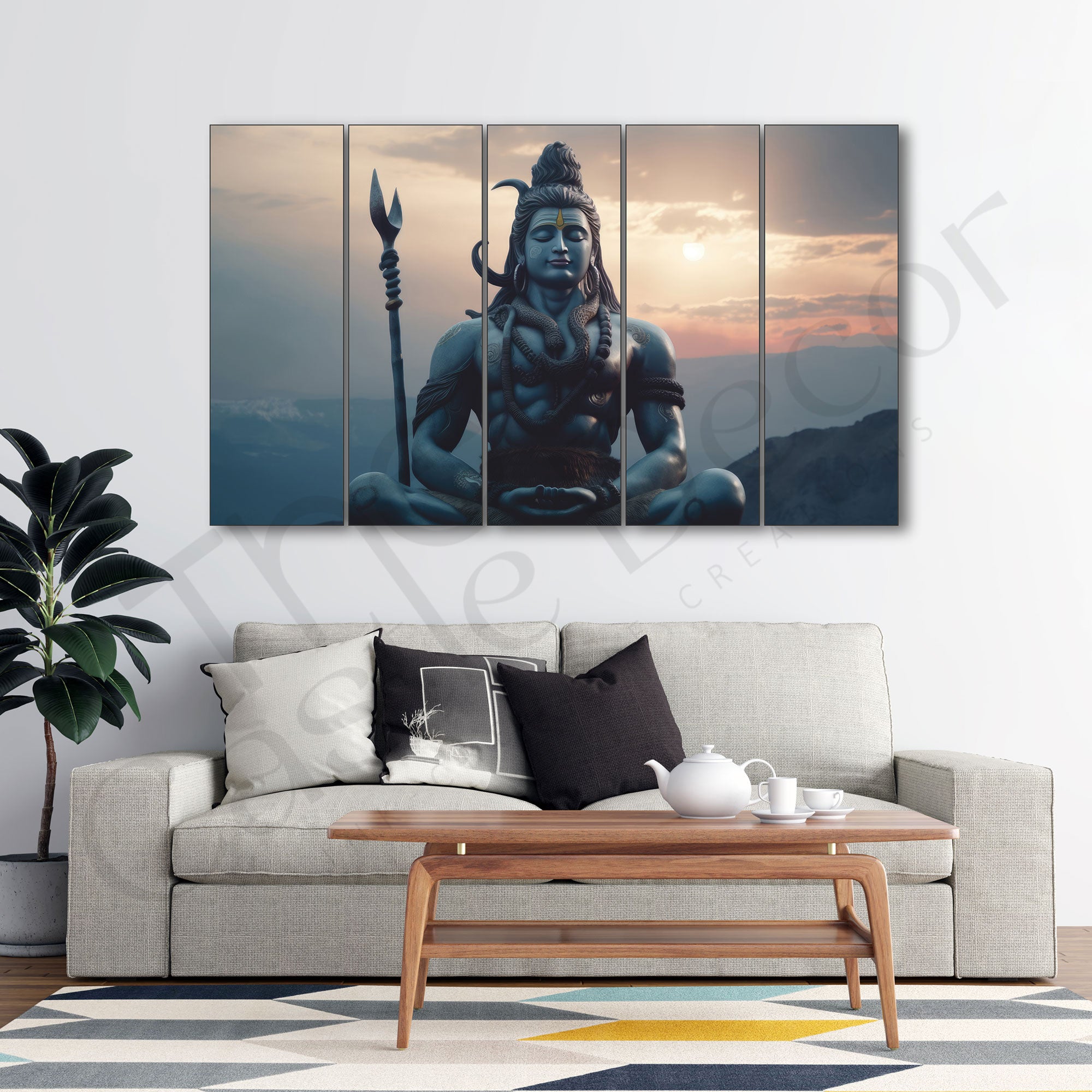 Lord Shiva Mahadev rising sun Set of 5 Big Size Multiple Frames Wall Art Painting for living room,Bedroom,Drawing room,Hotels-Wooden Framed-Digital Painting