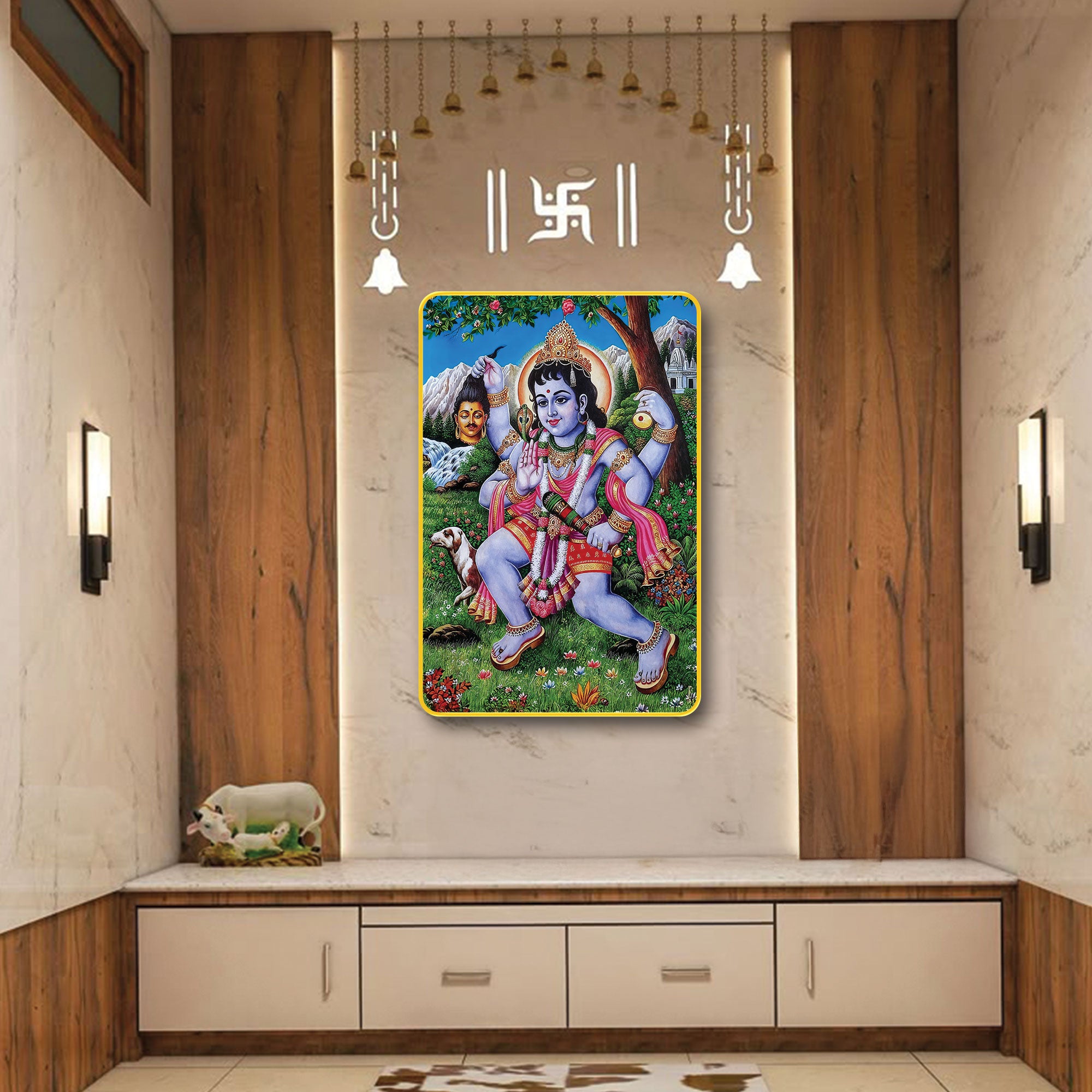 The Castle Decor Kal Bhairav Digital Print with Sparkler Lamination | Golden Slim Frame Wall Art for Home Temple & Office Décor | Hindu God Framed Artwork 20X30 Inches