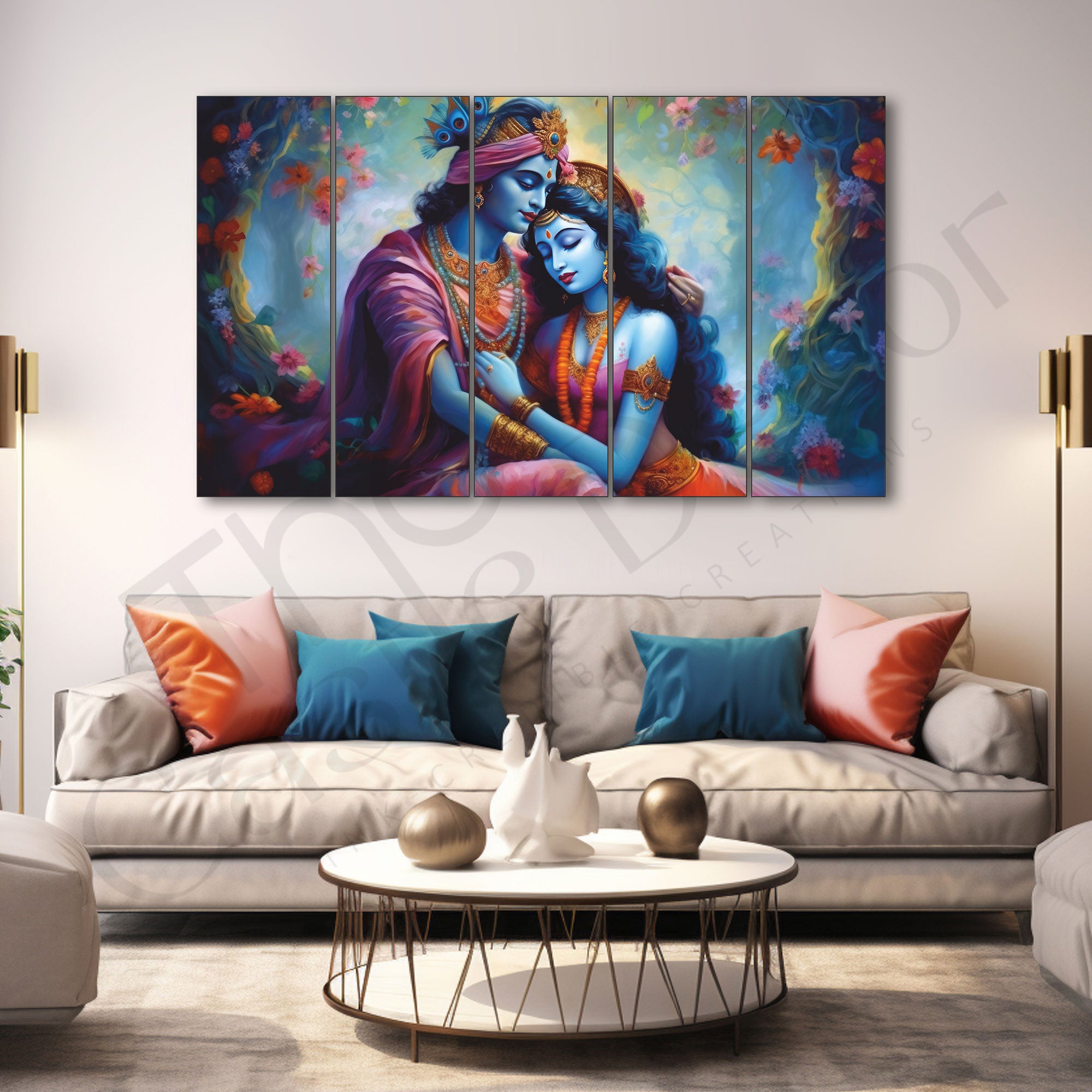 love of Radha krishan Set of 5 Big Size Multiple Frames Wall Art Painting for living room,Bedroom,Drawing room,Hotels-Wooden Framed-Digital Painting