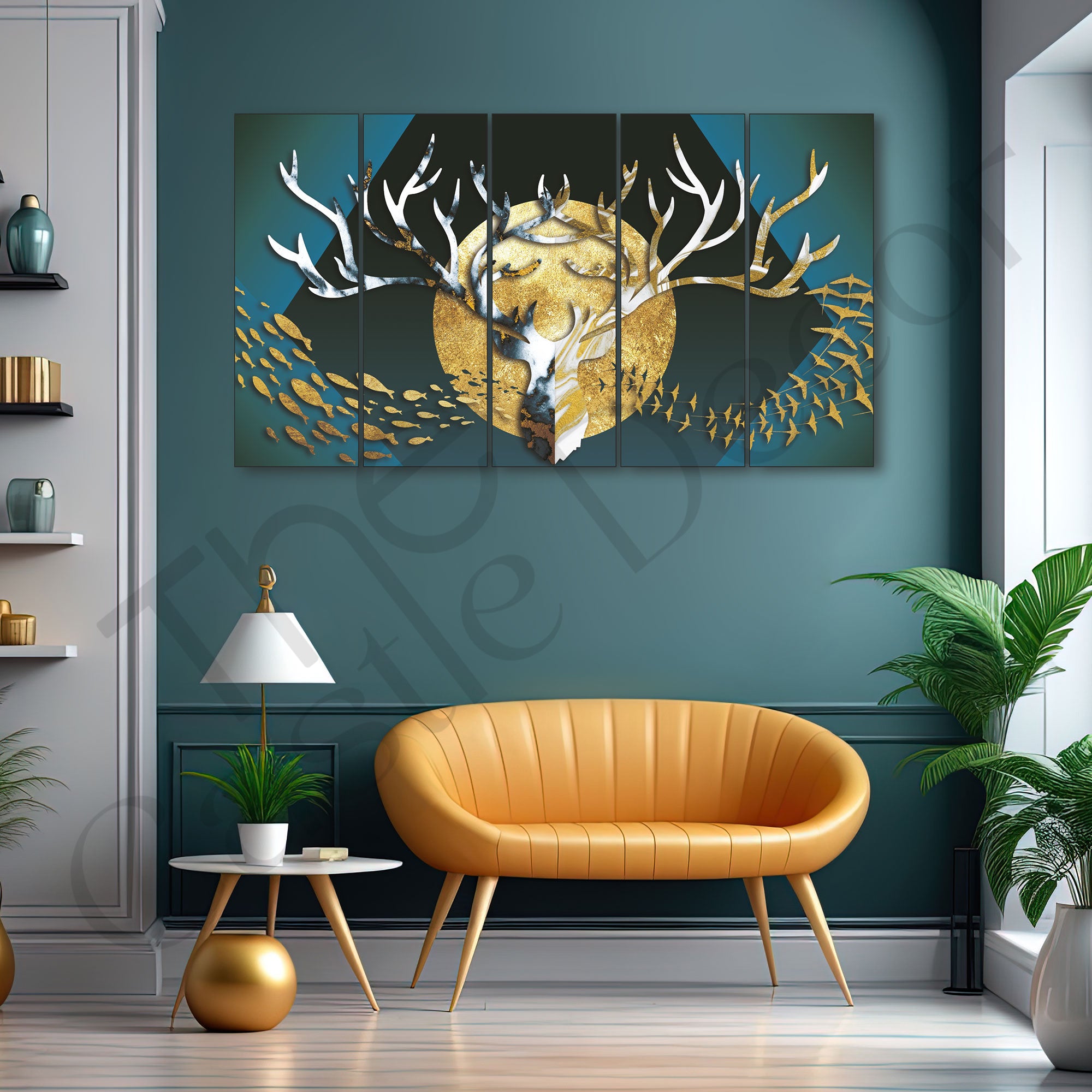 Golden Deer & Fishes Painting with frame Big Size Wall Art for living room,Bedroom,Drawing room,Hotels