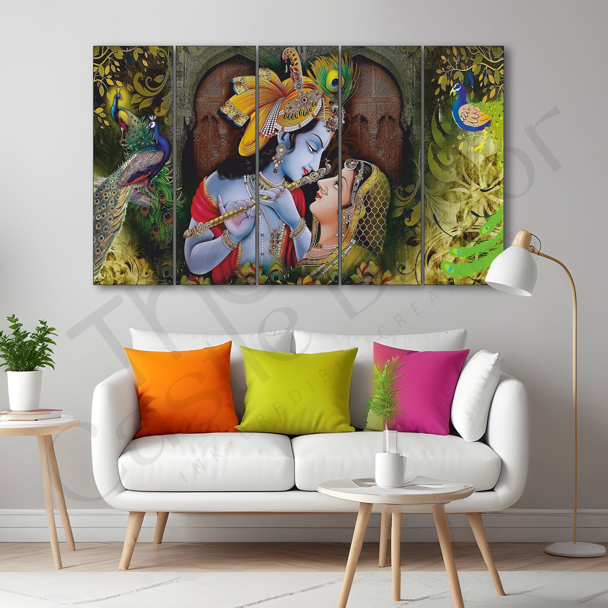 Radha krishan painting with frame Set of 5 Big Size Multiple Frames Wall Art Painting for living room,Bedroom,Drawing room,Hotels-Wooden Framed-Digital Painting