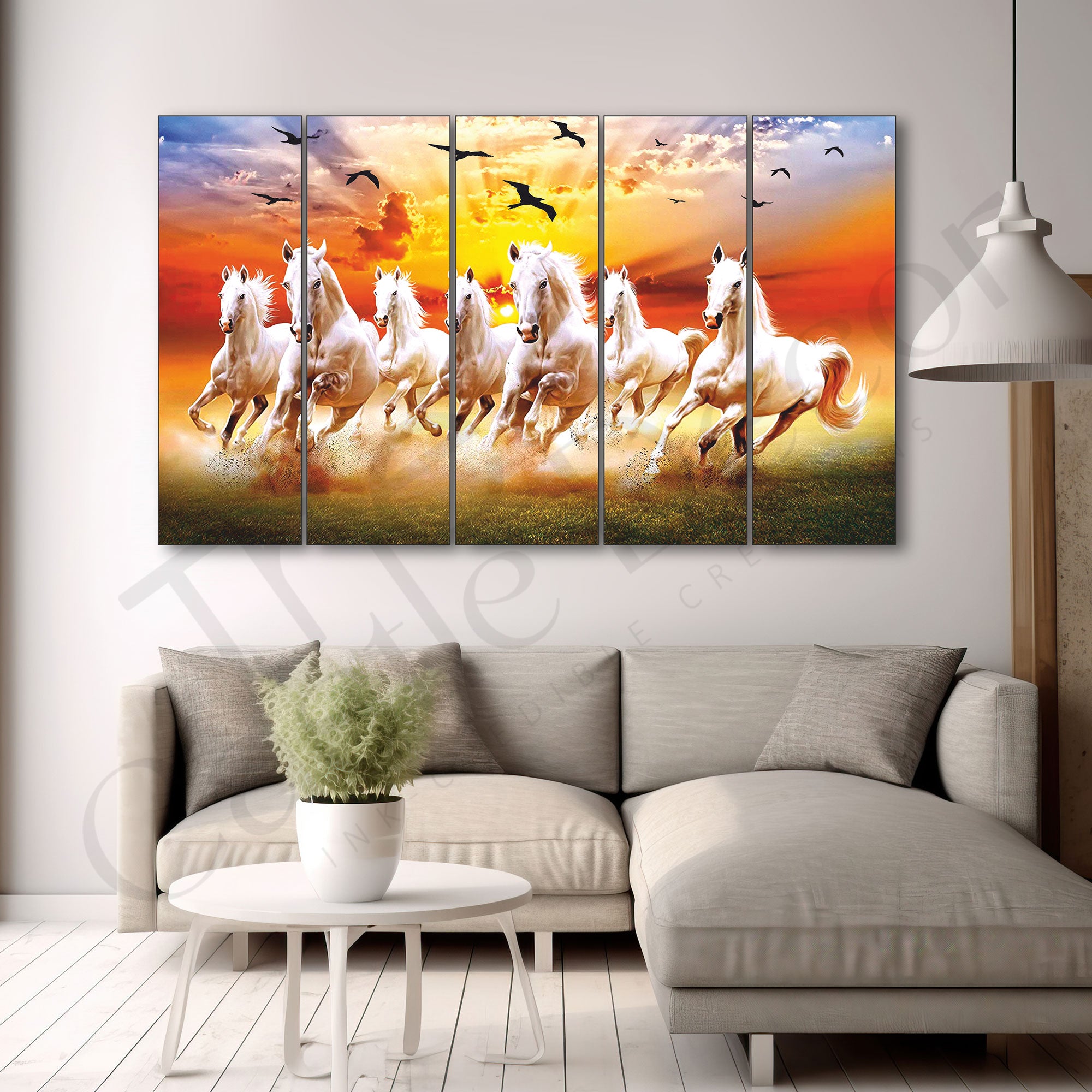 Vaastu 7 Beautiful Horses Set of 5 Big Size Multiple Frames Wall Art Painting for living room,Bedroom,Drawing room,Hotels-Wooden Framed-Digital Painting