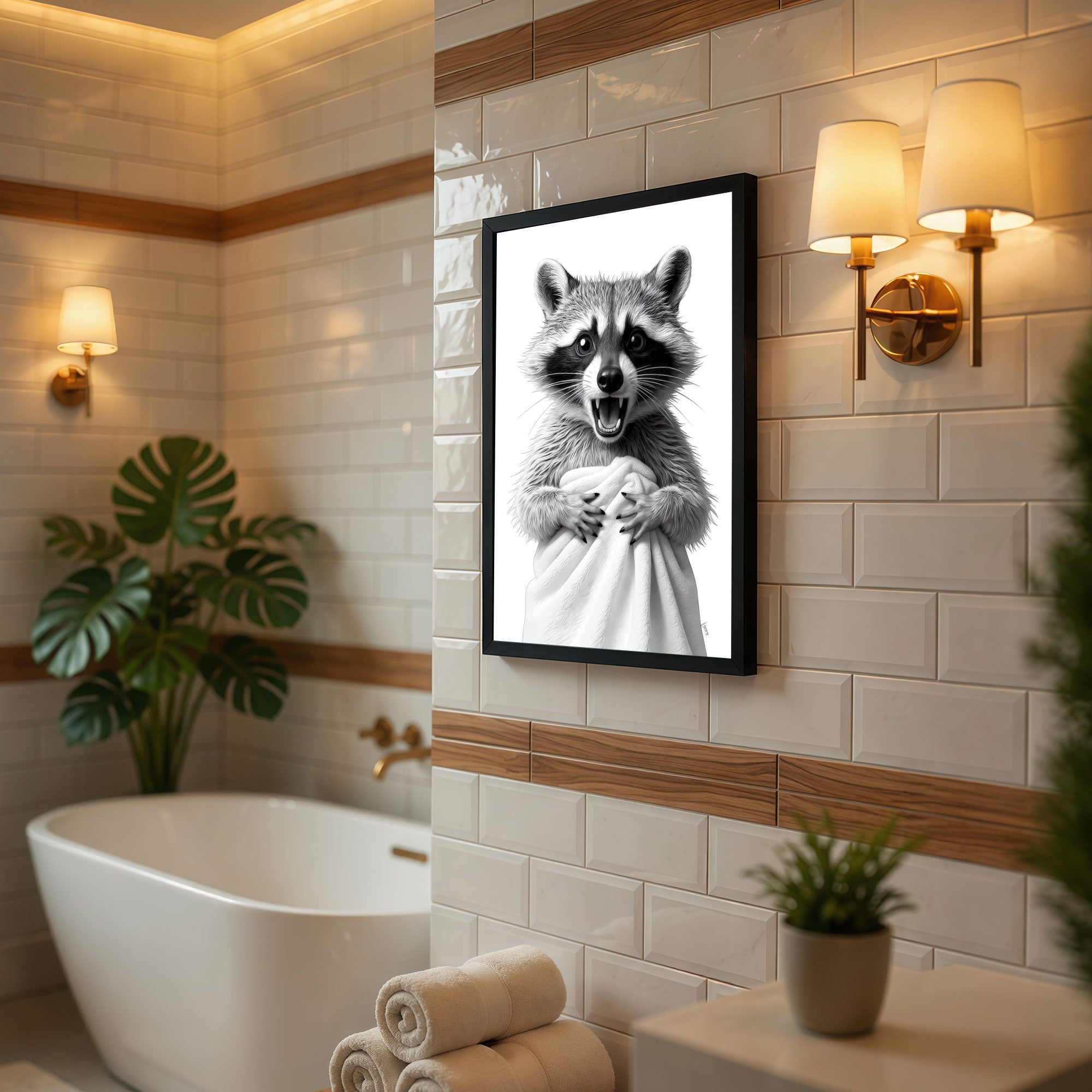 The Castle Decor Funny Highland Cow taking a Shower Framed Wall Art – Cute Fluffy Bull in Bathtub under Shower Head Framed Poster, Rustic Farmhouse Bathroom Decor