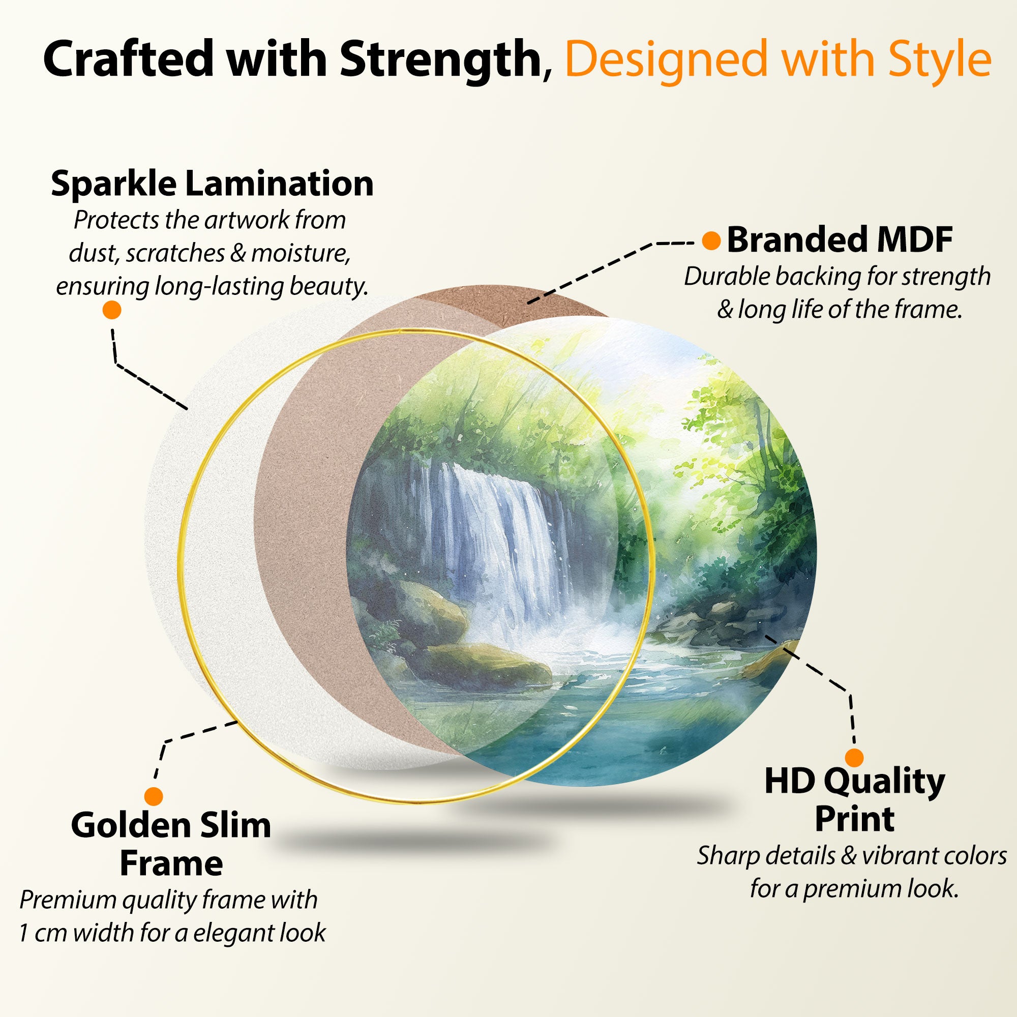 The Castle Decor Waterfall Round Wall Art | Vastu Nature Golden Frame Painting for Home, Bedroom & Gift Decoration