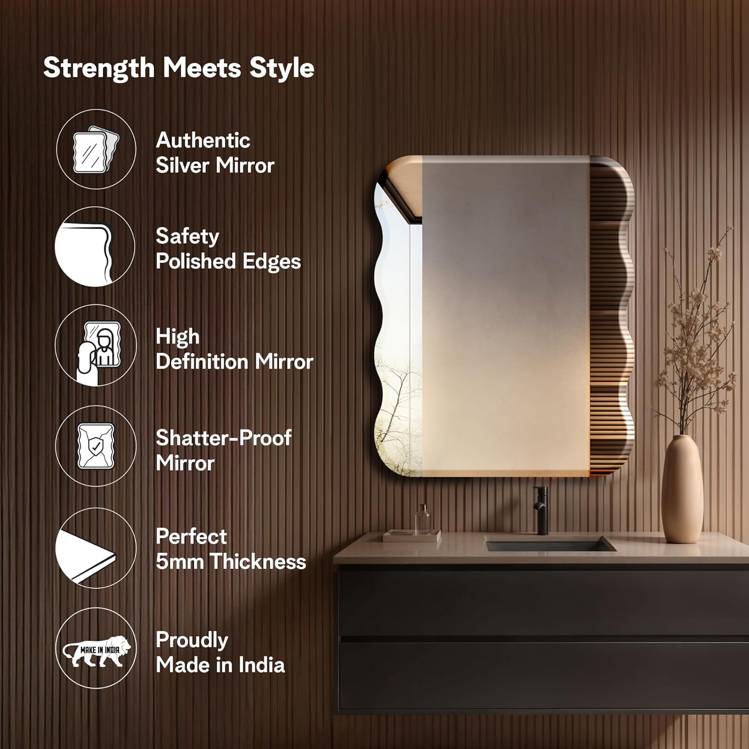 The Castle Decor Wave Glass Mirror for Bathroom Wall, Frameless 5mm Silver Glass Mirror with Beveled Edges, 18x24 Inch