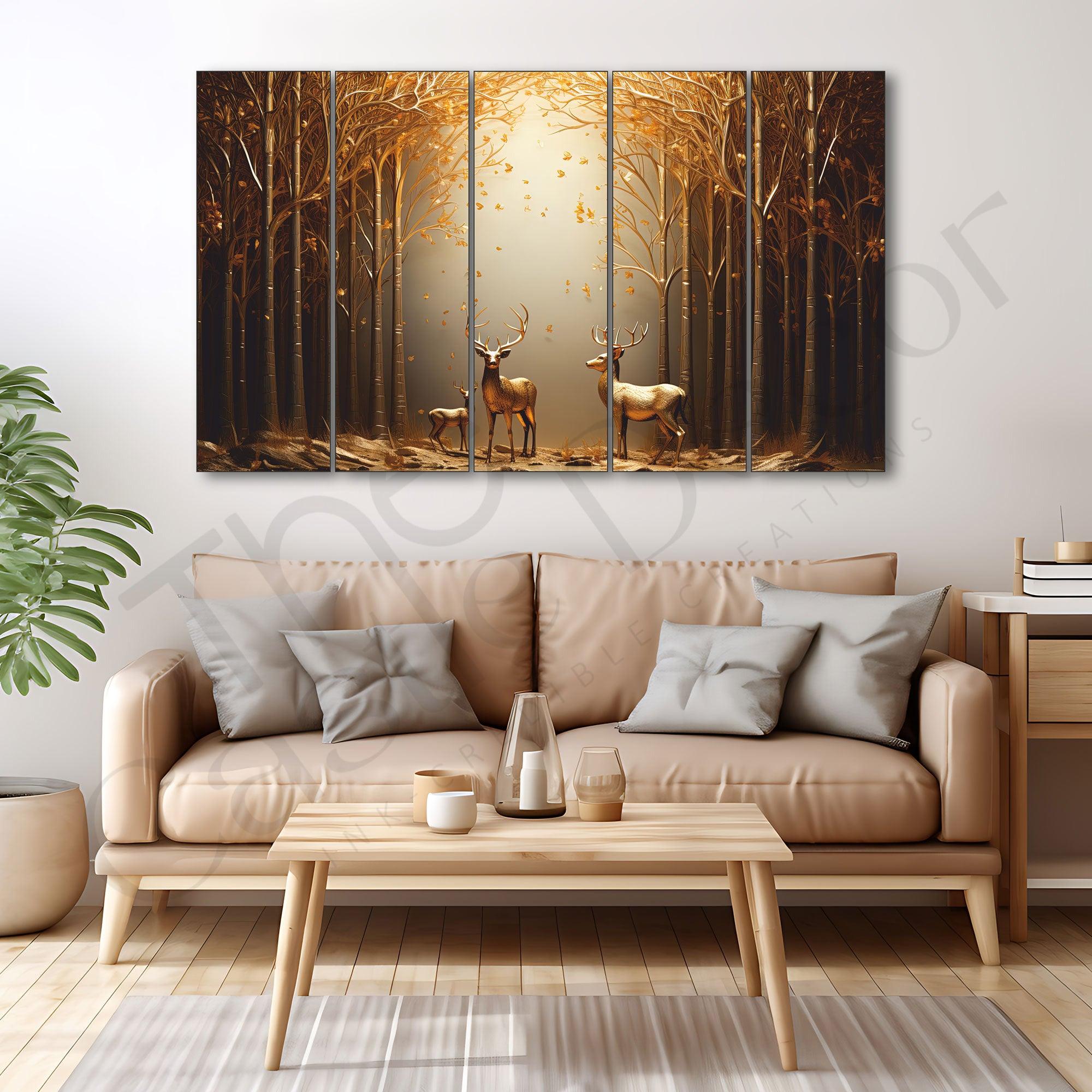 Golden Deer in Forest Painting Set of 5 for Home Decoration