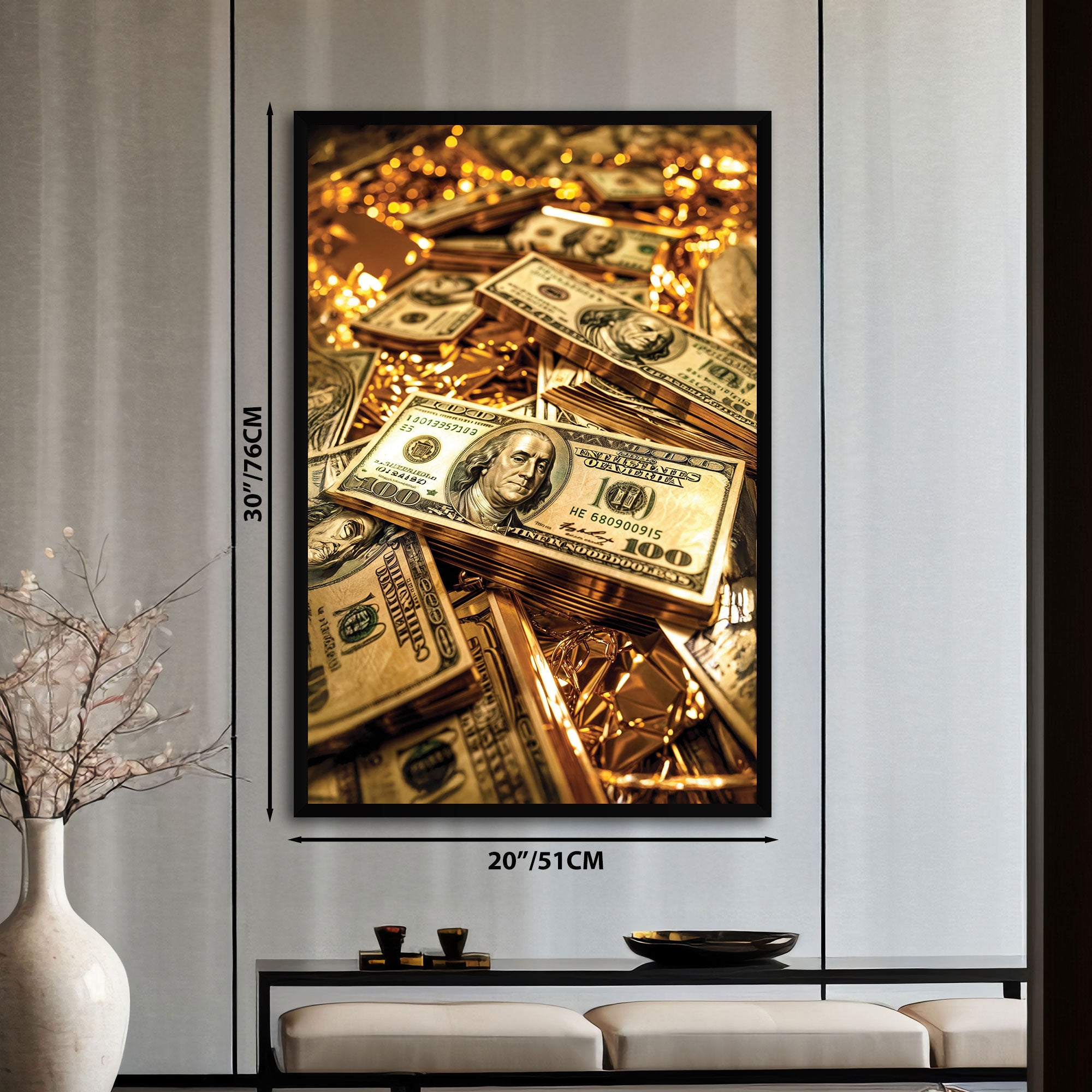 The Castle Decor Luxury Money Wall Art | Gold Bars & Dollar Stacks Modern Painting | Premium Big Size Framed for Living Room, Office & Hotels | Wealth & Prosperity Wall Decoration (20x30 Inches)