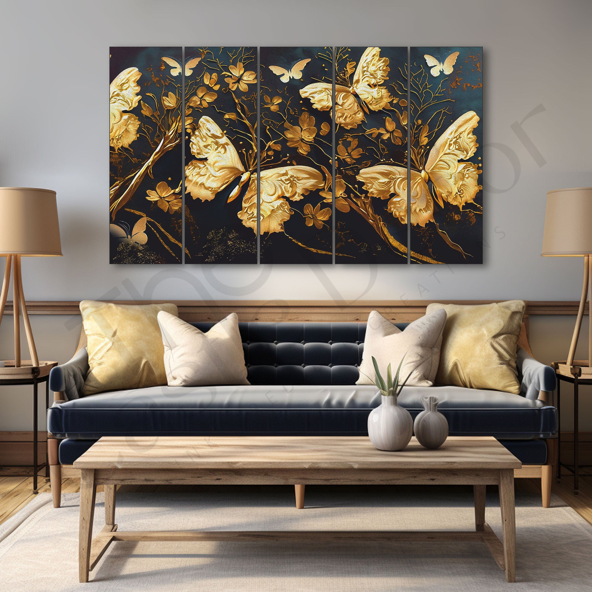Golden Butterflies Painting Set of 5 for Home Decoration