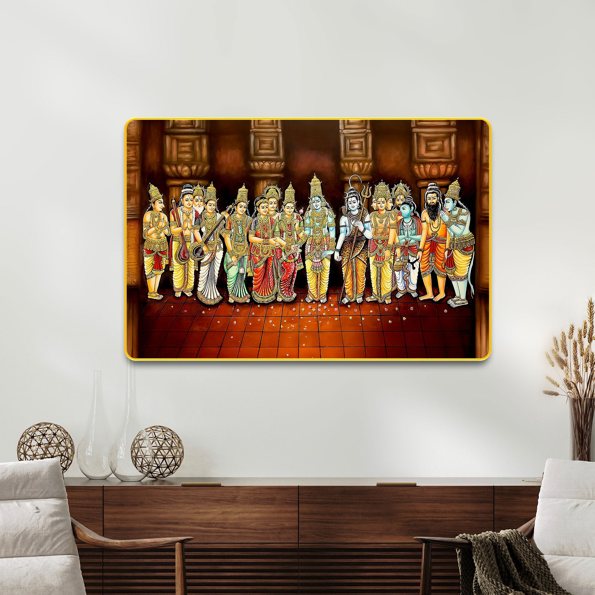 The Castle Decor Lord Shiva Kalyanam Digital Print With Sparkle Lamination Wall Art | Premium Golden Slim Frame | Divine Hindu God Wall Décor for Home, Living Room & Pooja Room 20X30 Inches
