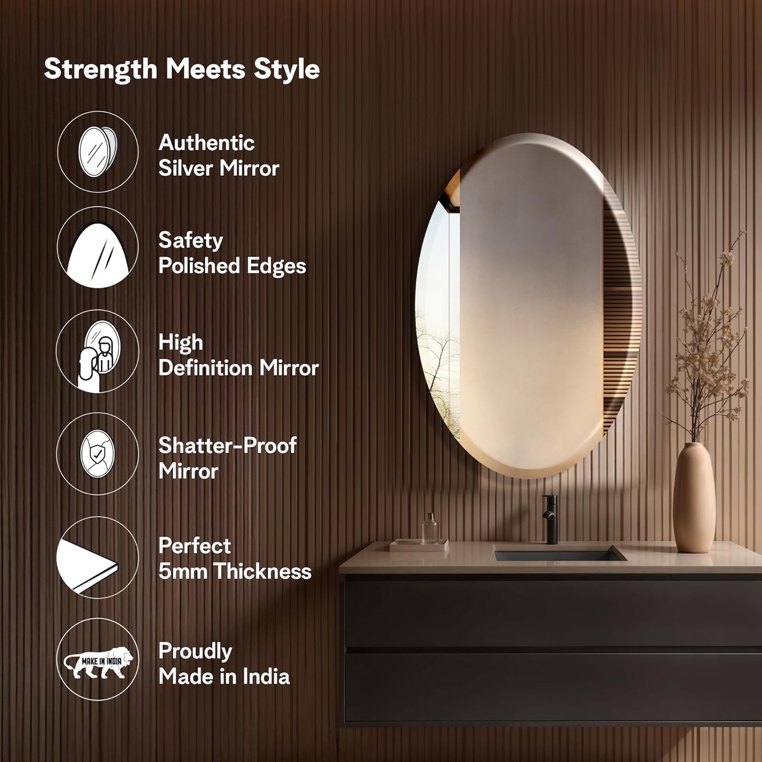 The Castle Decor Oval Glass Mirror for Bathroom Wall, Frameless 5mm Silver Glass Mirror with Beveled Edges, 18x24 Inch