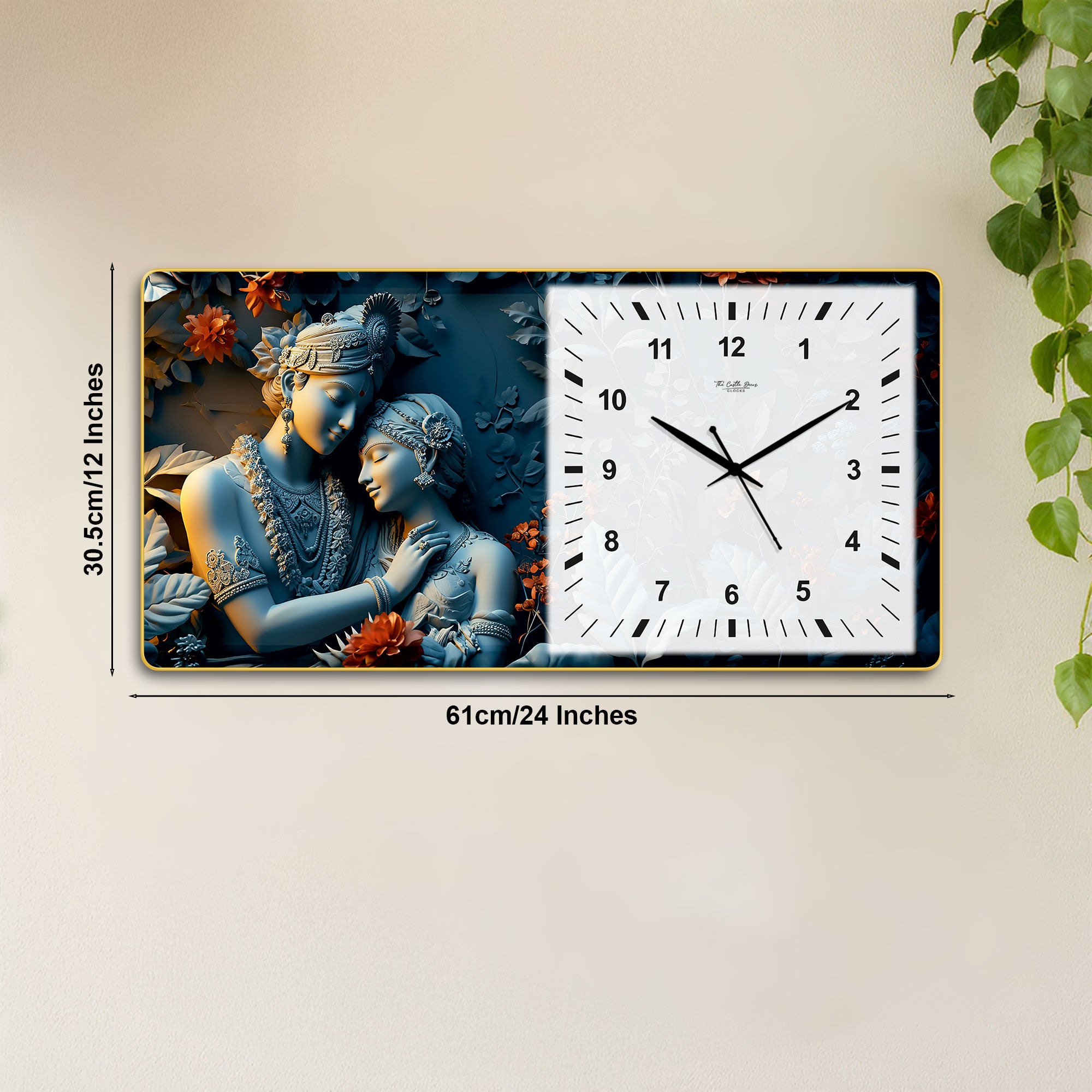 The Castle Decor Radha Krishna Decorative Wall Clock 24x12 Inch, Silent Sweep Non-Ticking Modern Wall Clock with Golden Slim Frame