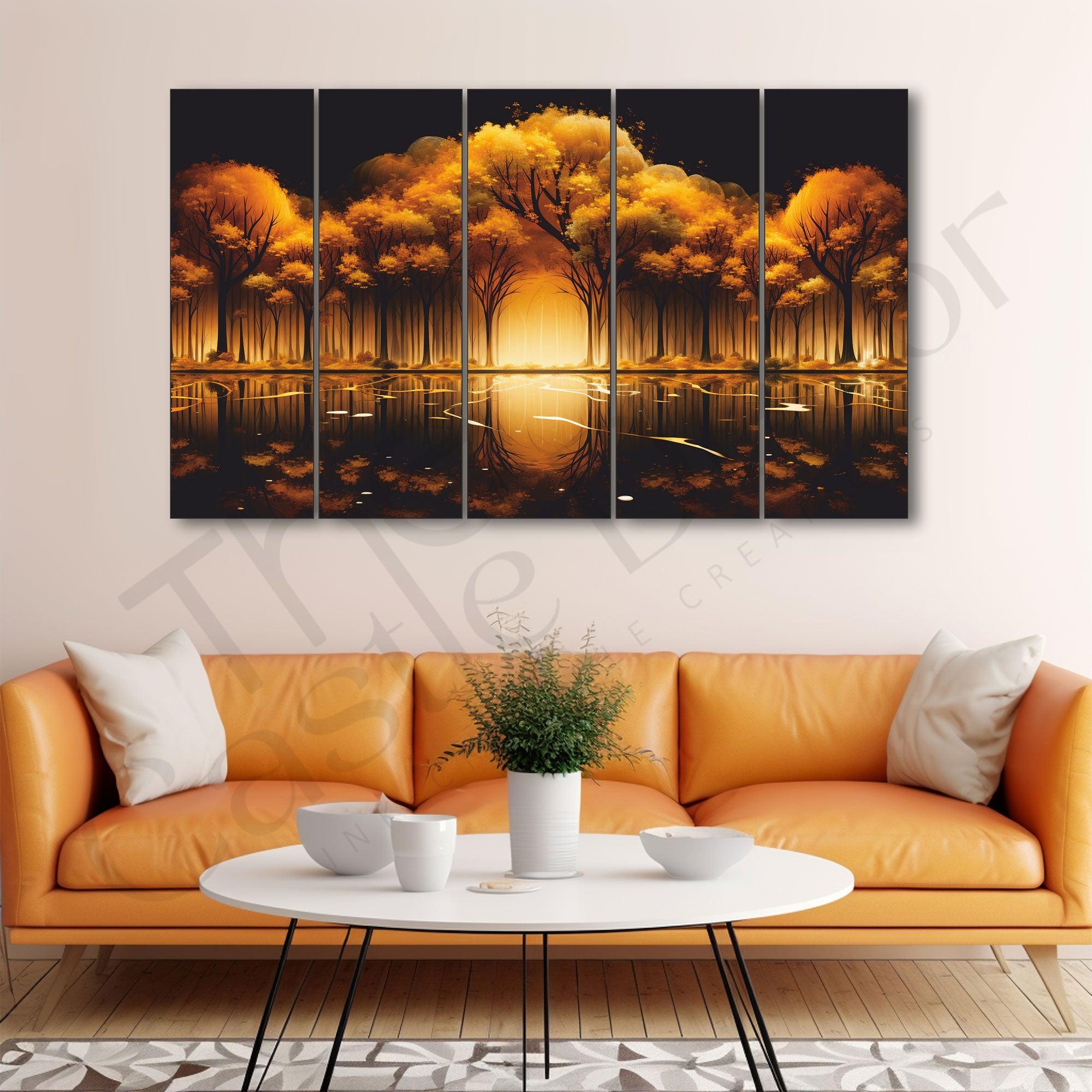 Nature Golden Trees Painting Set of 5 for Home Decoration