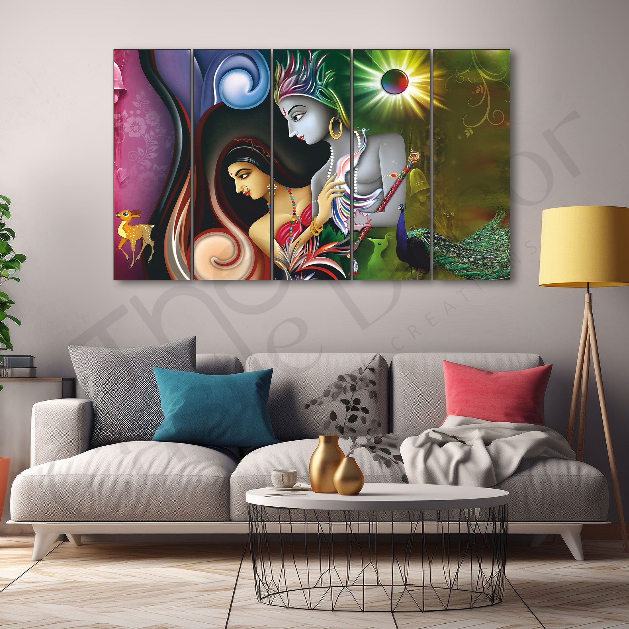 lord Radha krishan Set of 5 Big Size Multiple Frames Wall Art Painting for living room,Bedroom,Drawing room,Hotels-Wooden Framed-Digital Painting