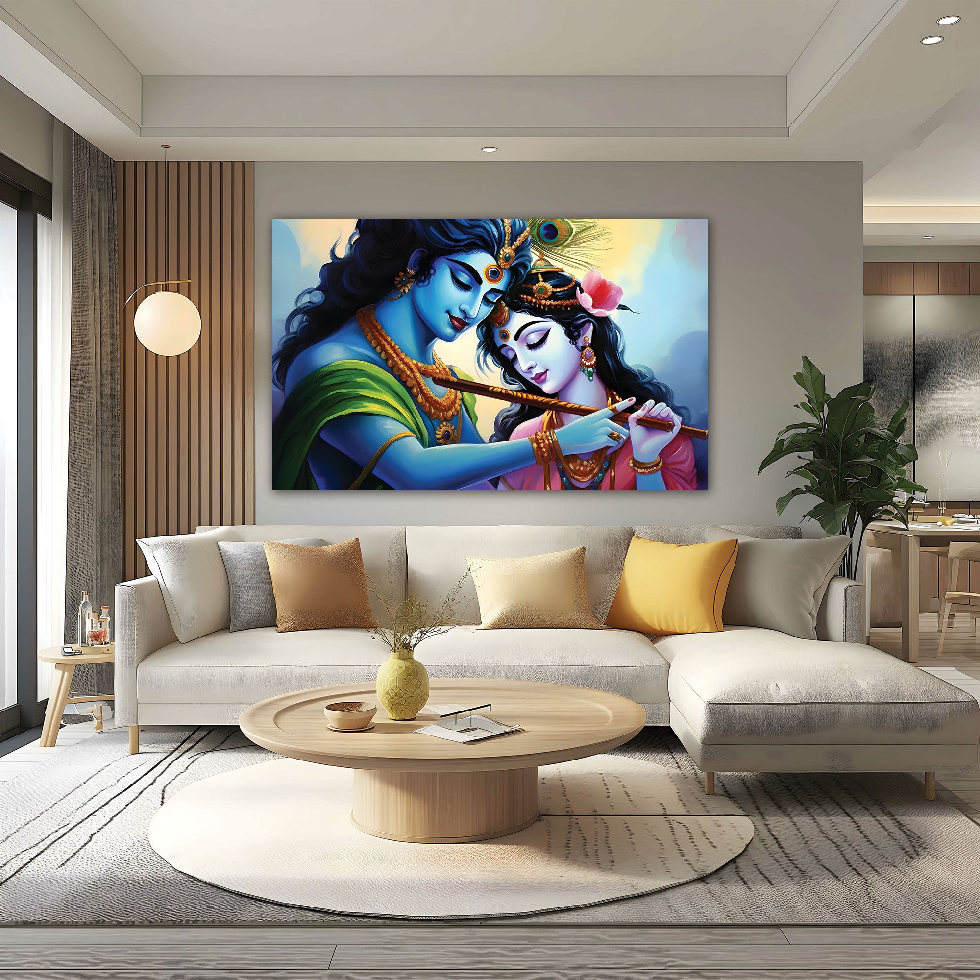 The Castle Decor radha krishna flute canvas/Sparkle painting with frame Big Size Wall Art for living room,Bedroom,Drawing room,Hotels-Wooden Framed-Digital Painting