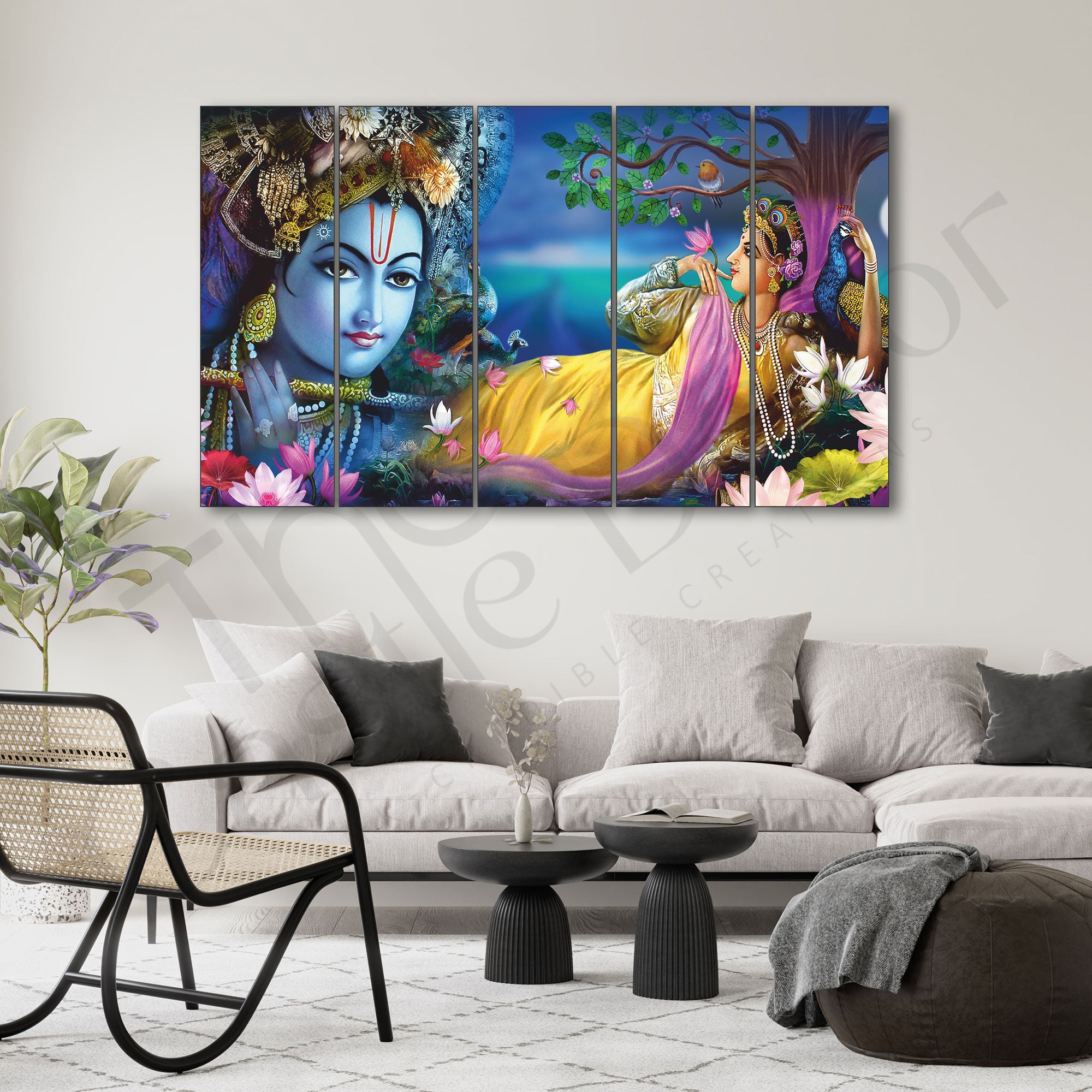 Lord Radha krishn Set of 5 Big Size Multiple Frames Wall Art Painting for living room,Bedroom,Drawing room,Hotels-Wooden Framed-Digital Painting