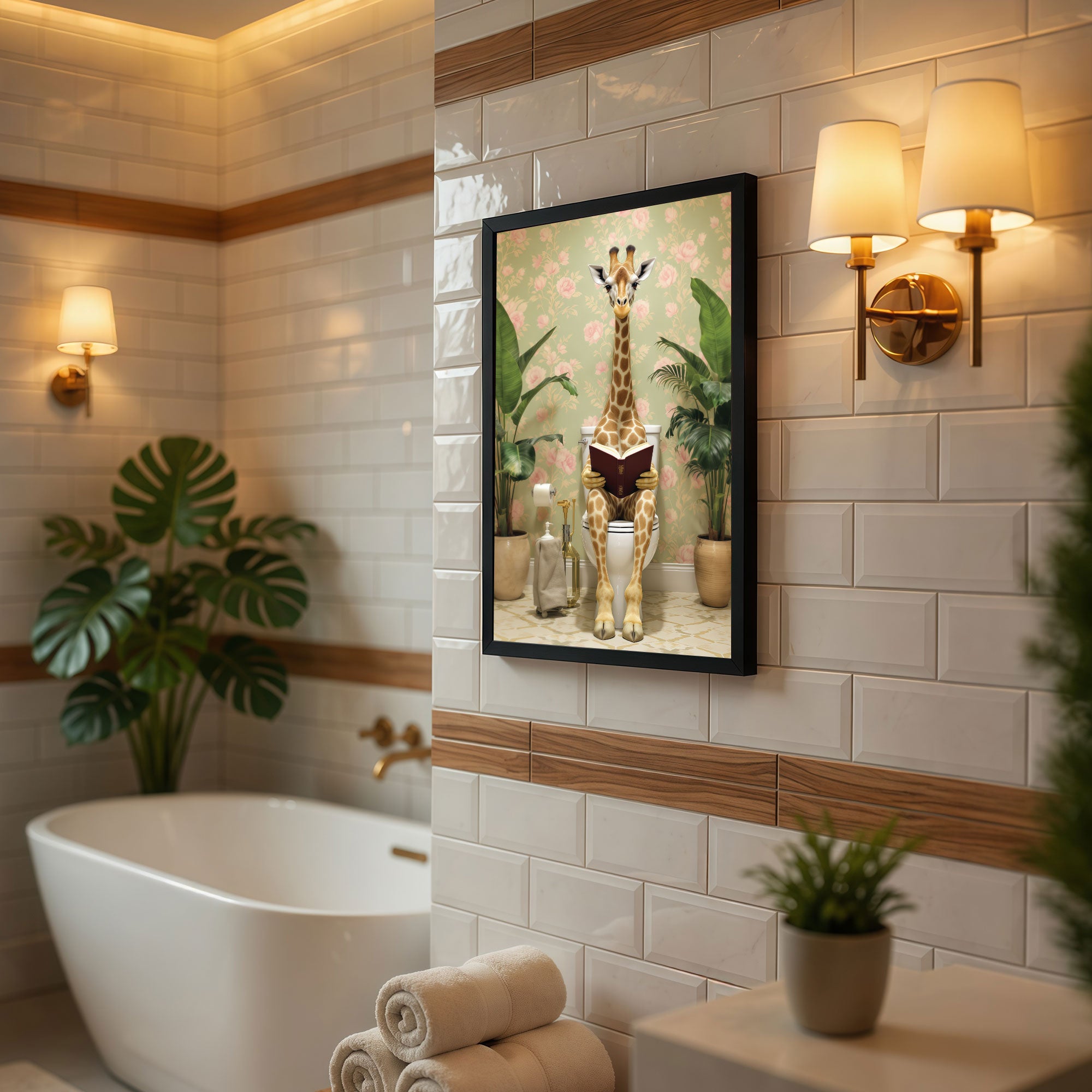 The Castle Decor Funny Giraffe Bathroom Wall Art | Animal Reading on Toilet Framed Poster | Quirky Washroom Decor | Modern Funny Bathroom Painting