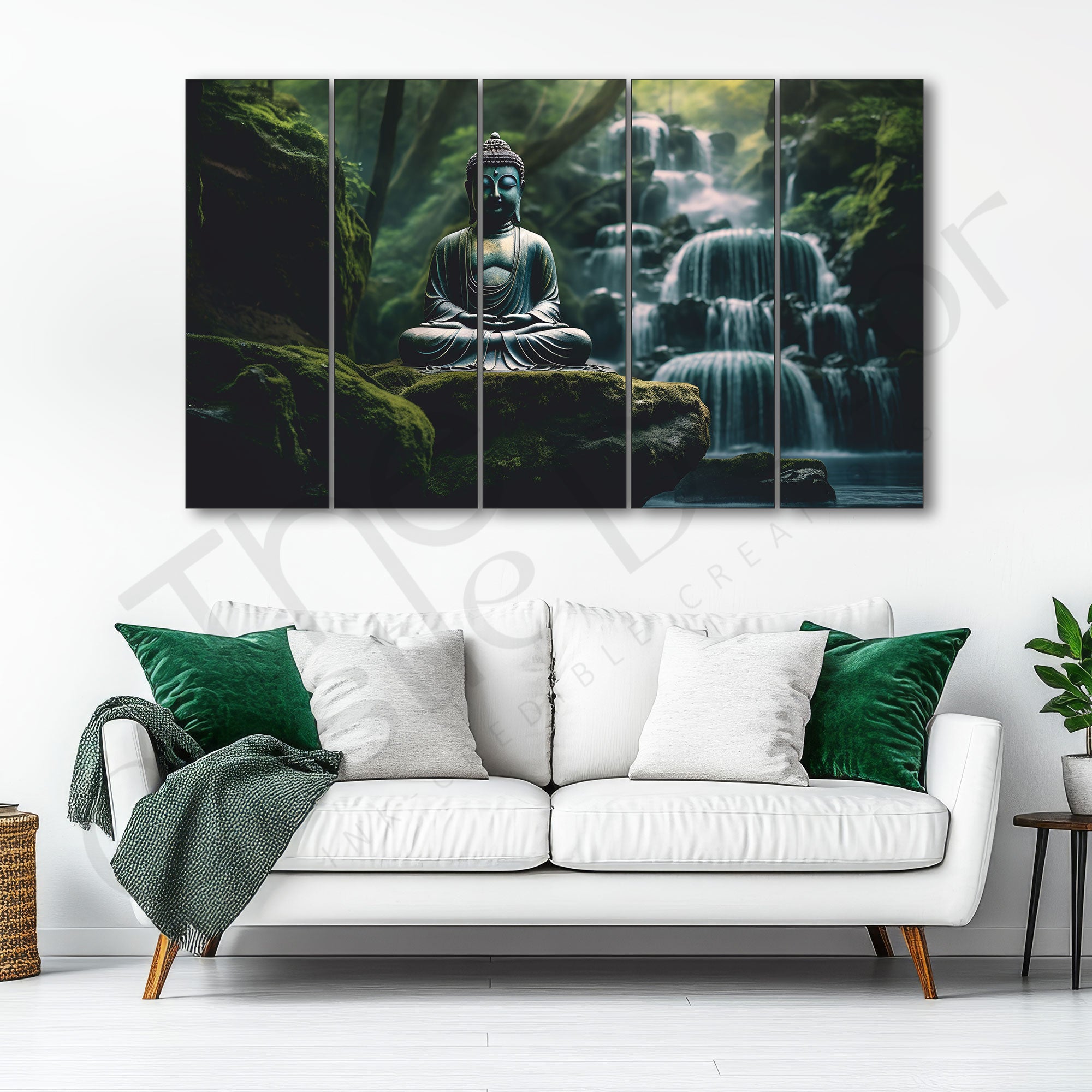 Lord Budha Meditating Waterfall Jungle Set of 5 Big Size Multiple Frames Wall Art Painting for living room,Bedroom,Drawing room,Hotels-Wooden Framed-Digital Painting