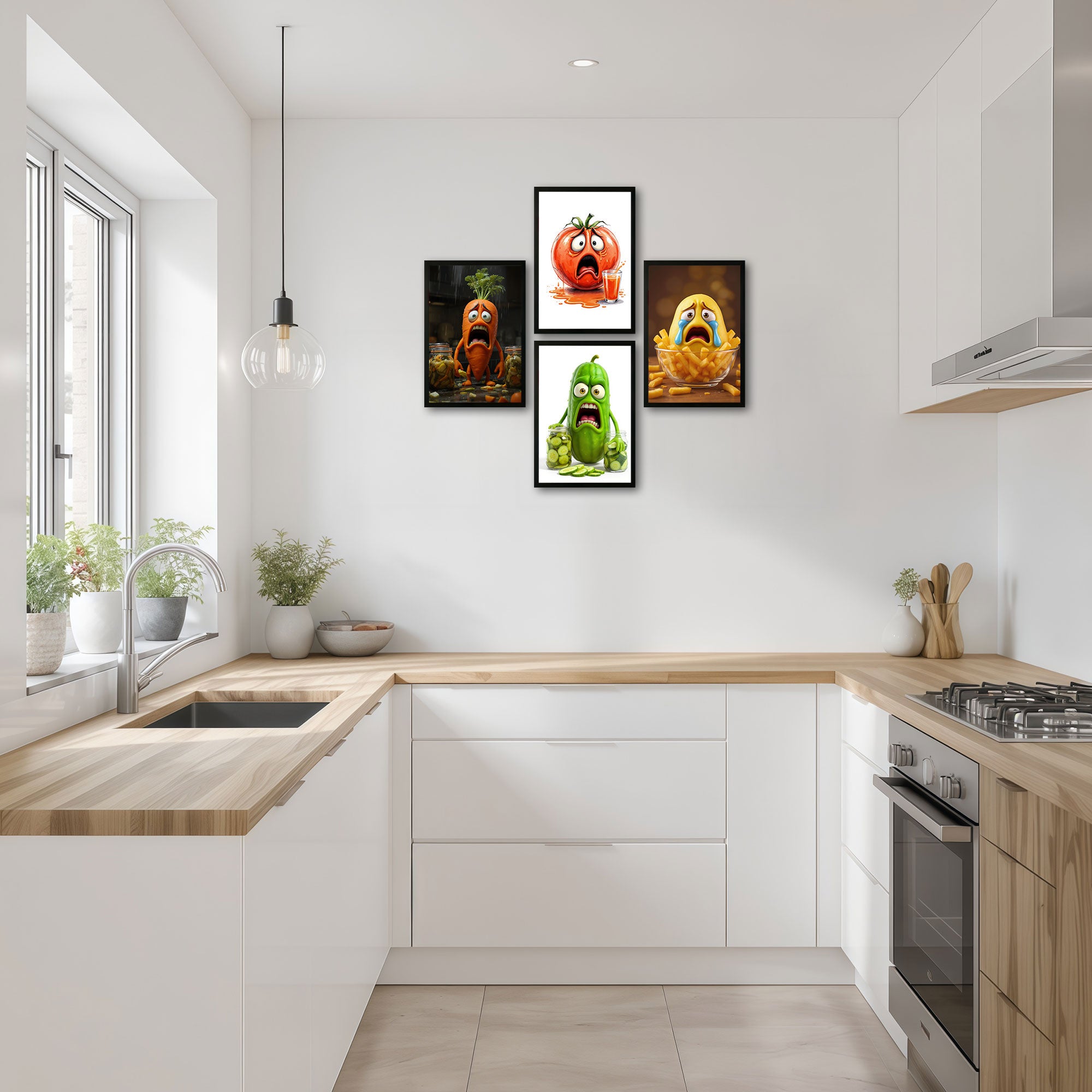 The Castle Decor Funny Kitchen Wall Art Set of 4 Frame | Cartoon Food Characters Decor | Sparkle Lamination Finish with Premium Fiber Frame for Kitchen & Café