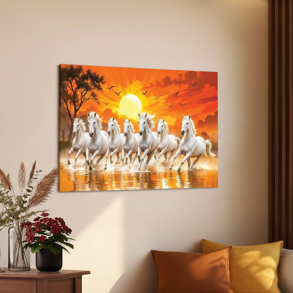 The Castle Decor 7 Running White Horses Wall Painting, Sunrise Sunset Theme, Vastu Wall Art for Living Room, Office, Bedroom Decor 16x24 1001