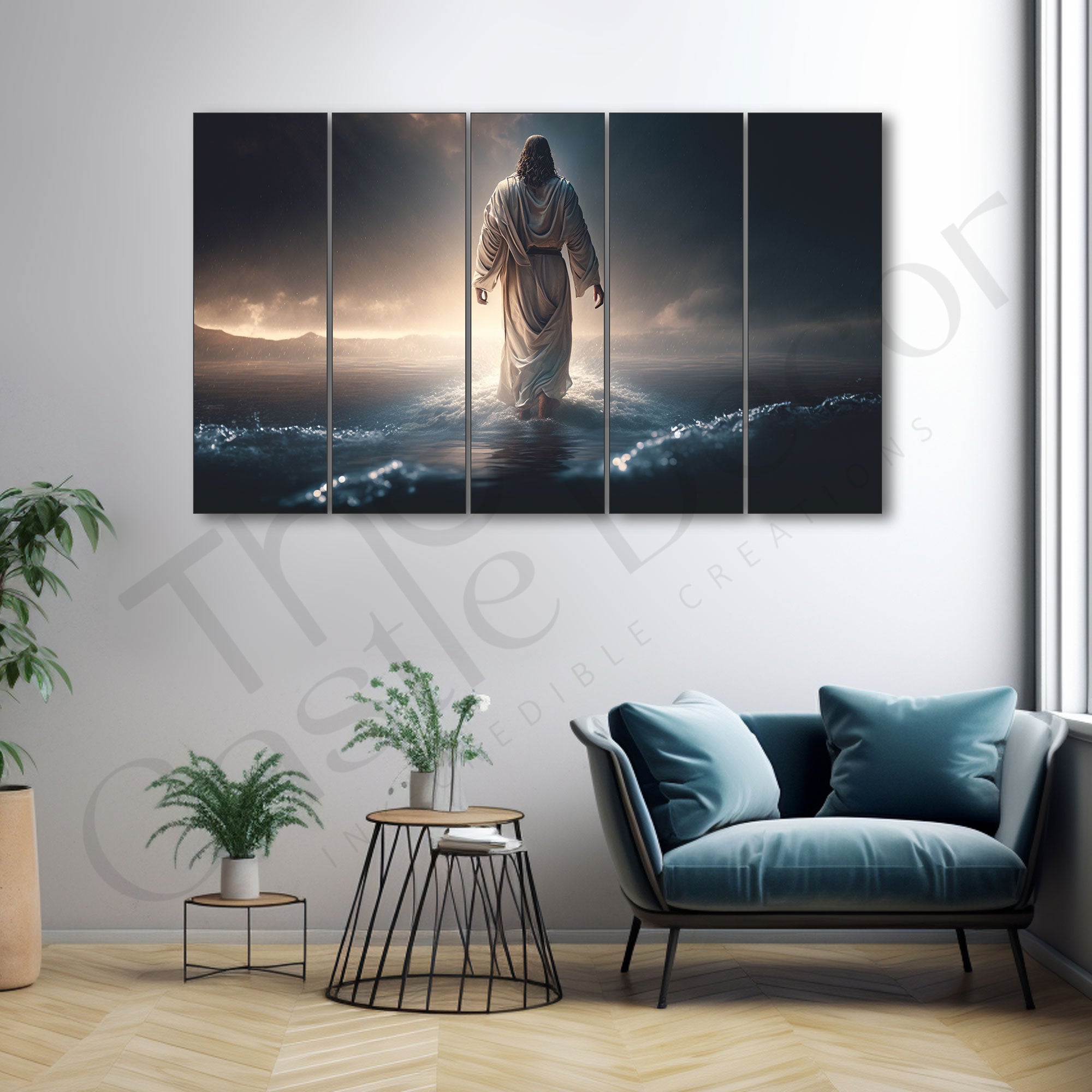 Jesus christ walks on water Set of 5 Big Size Multiple Frames Wall Art Painting for living room,Bedroom,Drawing room,Hotels-Wooden Framed-Digital Painting