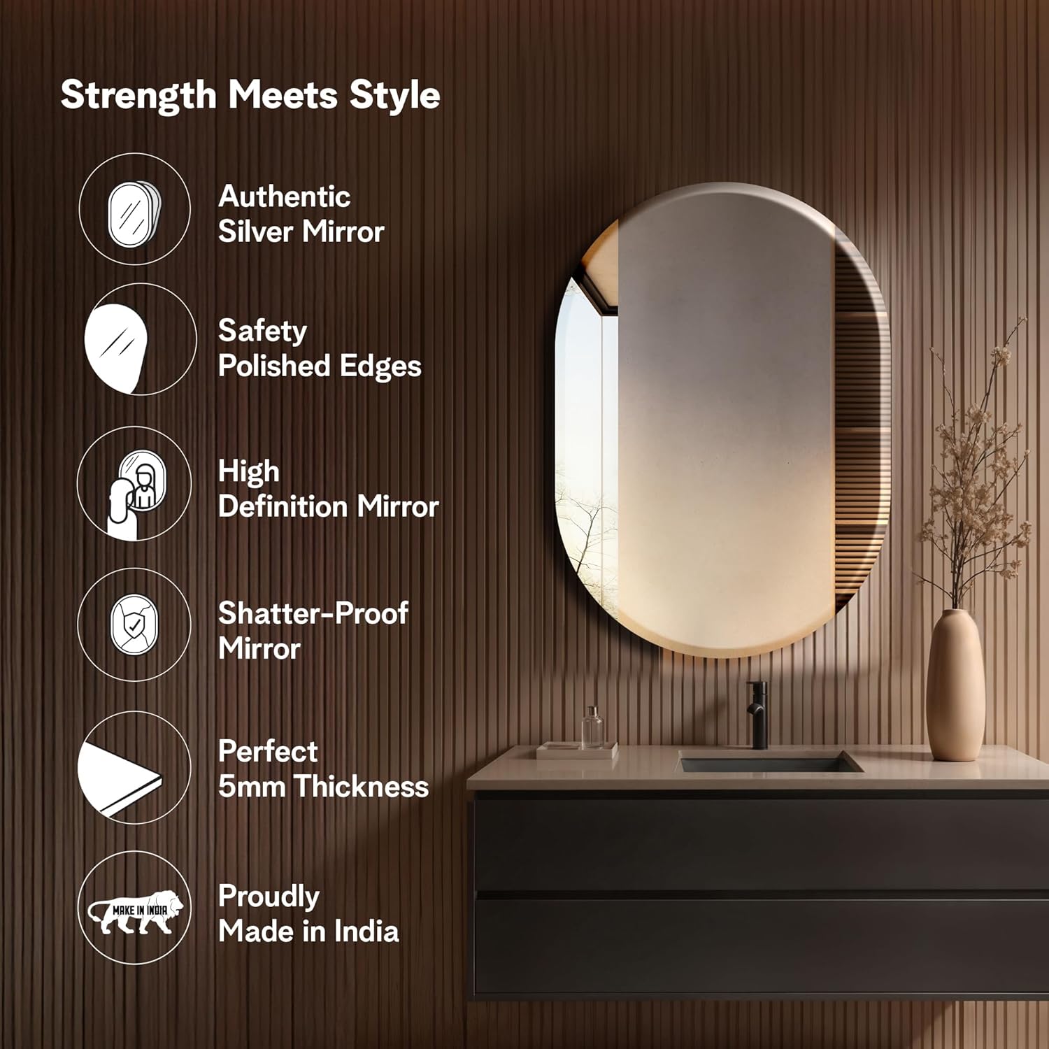 The Castle Decor Capsule Glass Mirror for Bathroom Wall, Frameless 5mm Silver Glass Mirror with Beveled Edges, 18x24 Inch