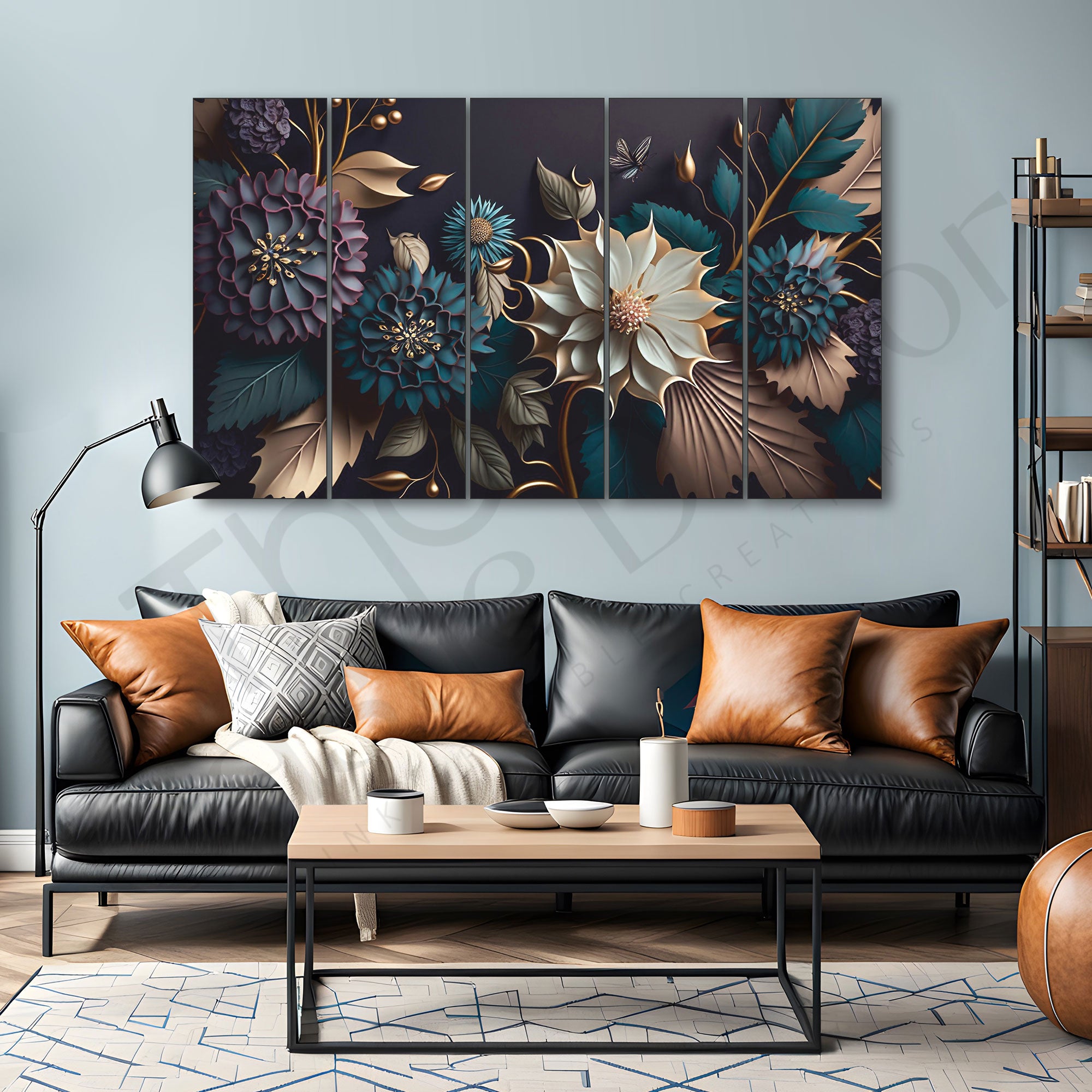 Golden Touch Flower Painting Set of 5 for Home Decoration