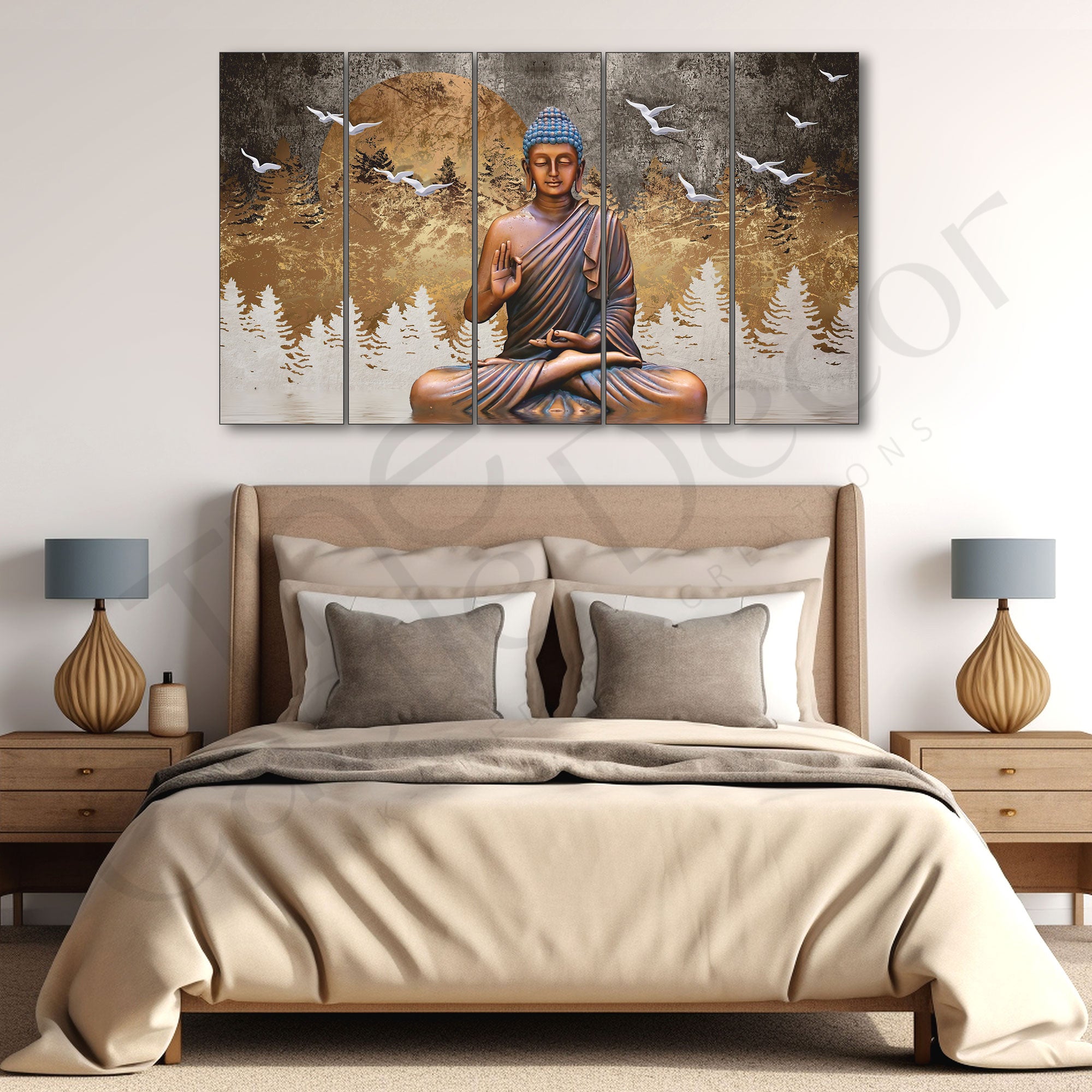 Lord Budha meditating Set of 5 Big Size Multiple Frames Wall Art Painting for living room,Bedroom,Drawing room,Hotels-Wooden Framed-Digital Painting