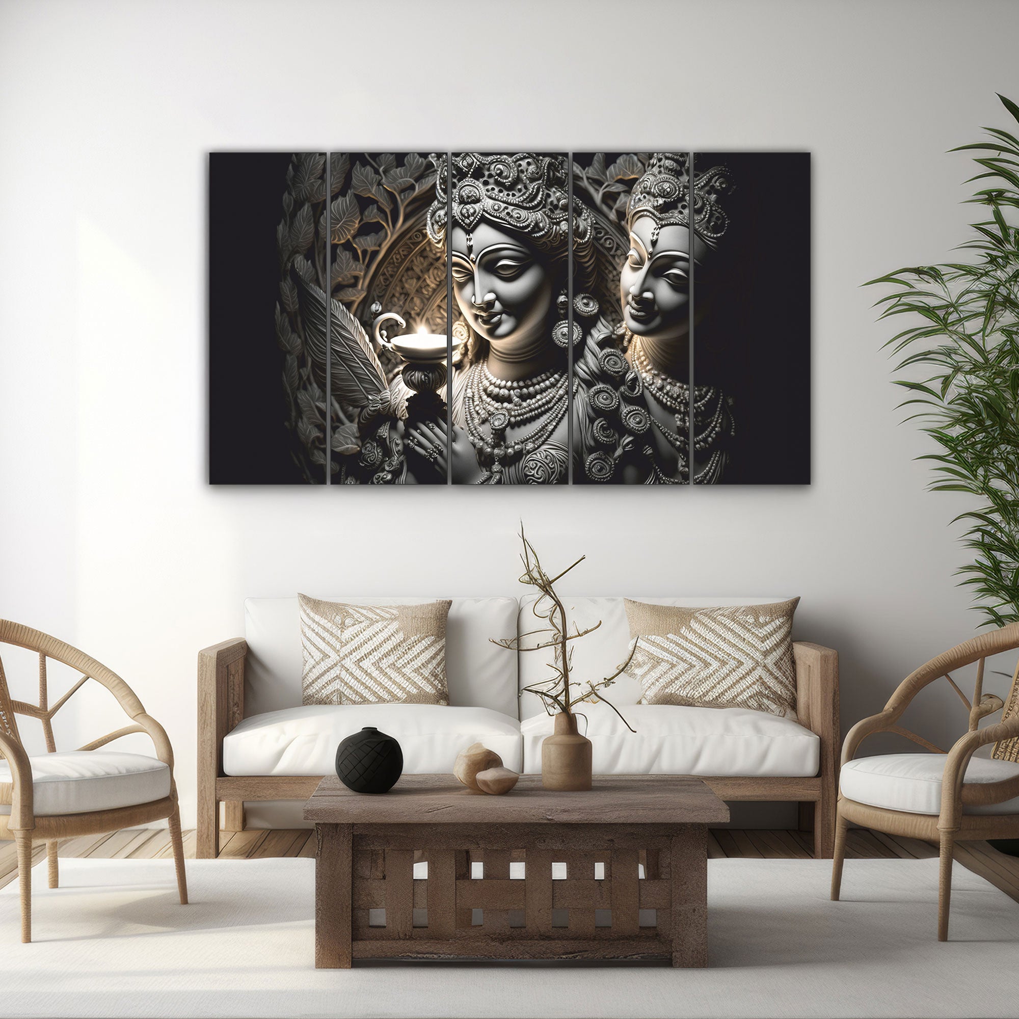 Radha.krishan Set of 5 Big Size Multiple Frames Wall Art Painting for living room,Bedroom,Drawing room,Hotels-Wooden Framed-Digital Painting