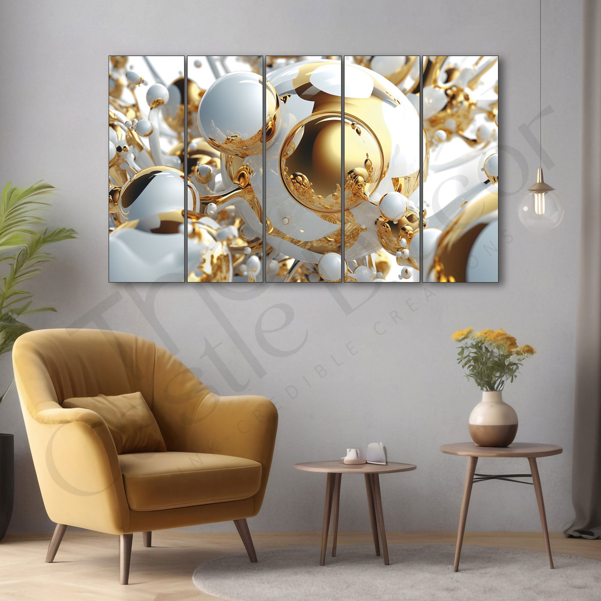 Modern Beautiful Golden Ball Painting Set of 5 for Home Decoration